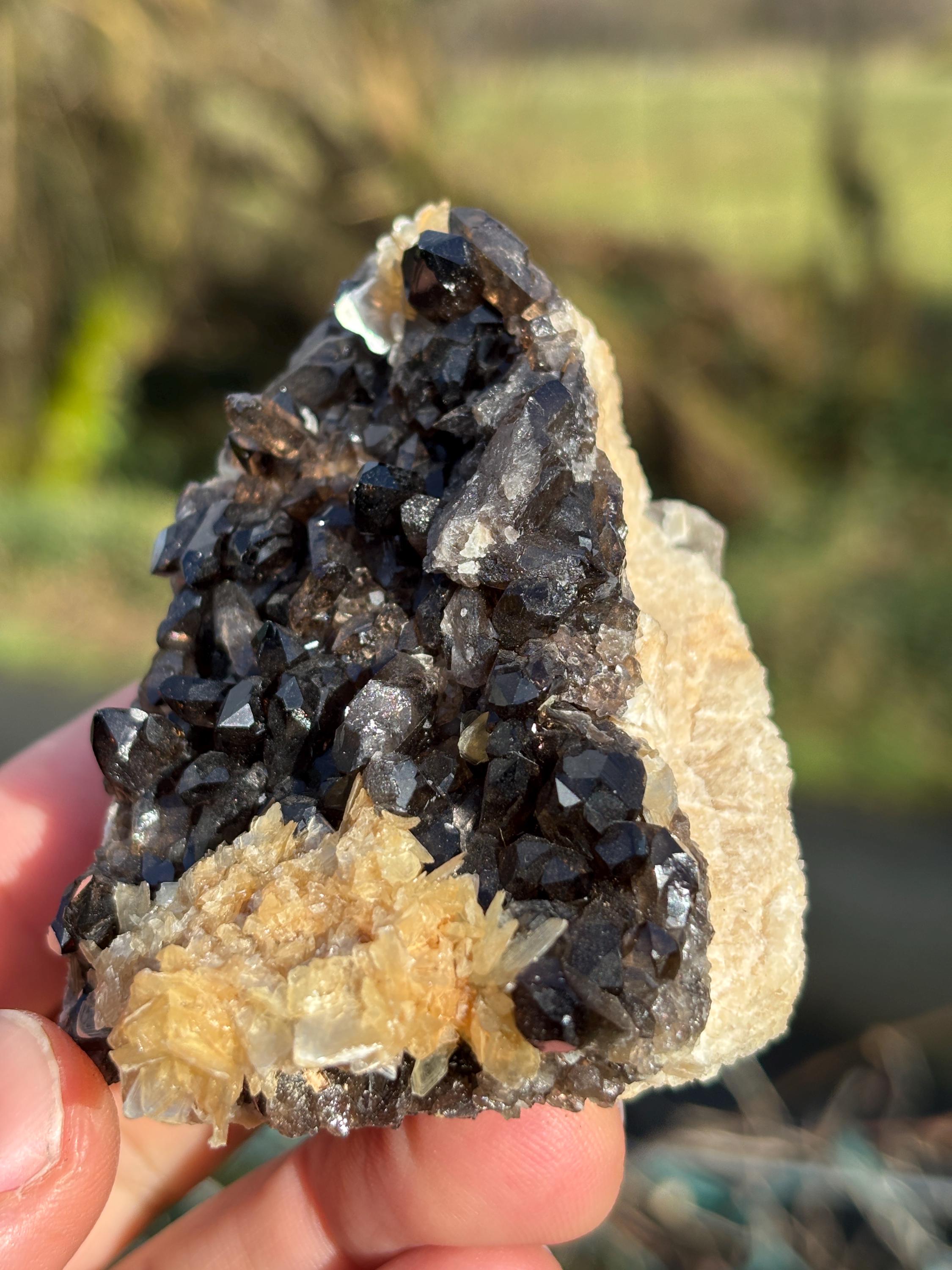 Morion Quartz Cluster with Mica | Black Smoky Crystal Specimen