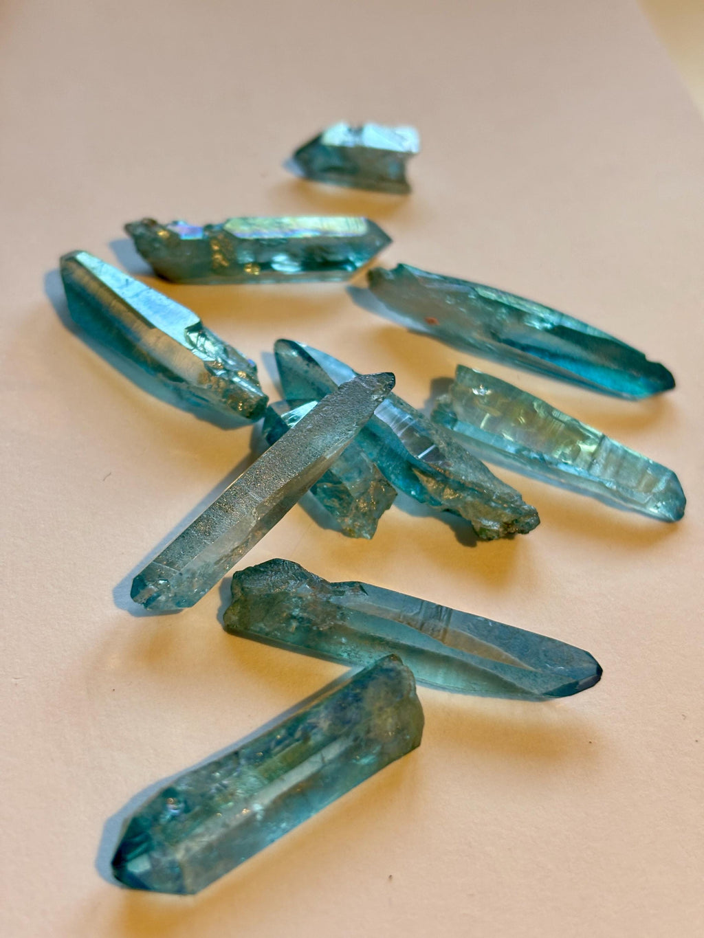 Aqua Aura Quartz Points | Iridescent Blue Titanium Coated Crystals (10 Piece Lot)