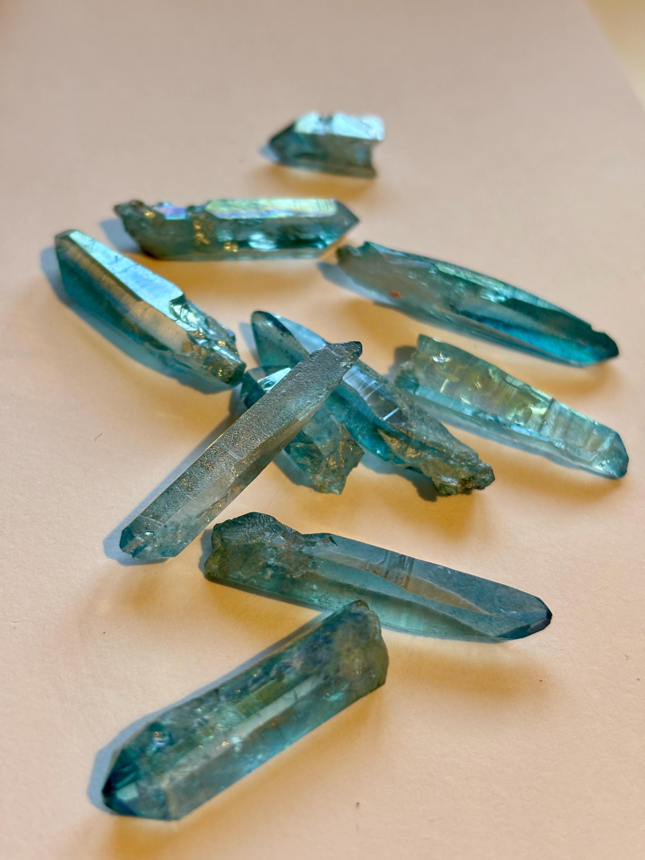 Aqua Aura Quartz Points | Iridescent Blue Titanium Coated Crystals (10 Piece Lot)