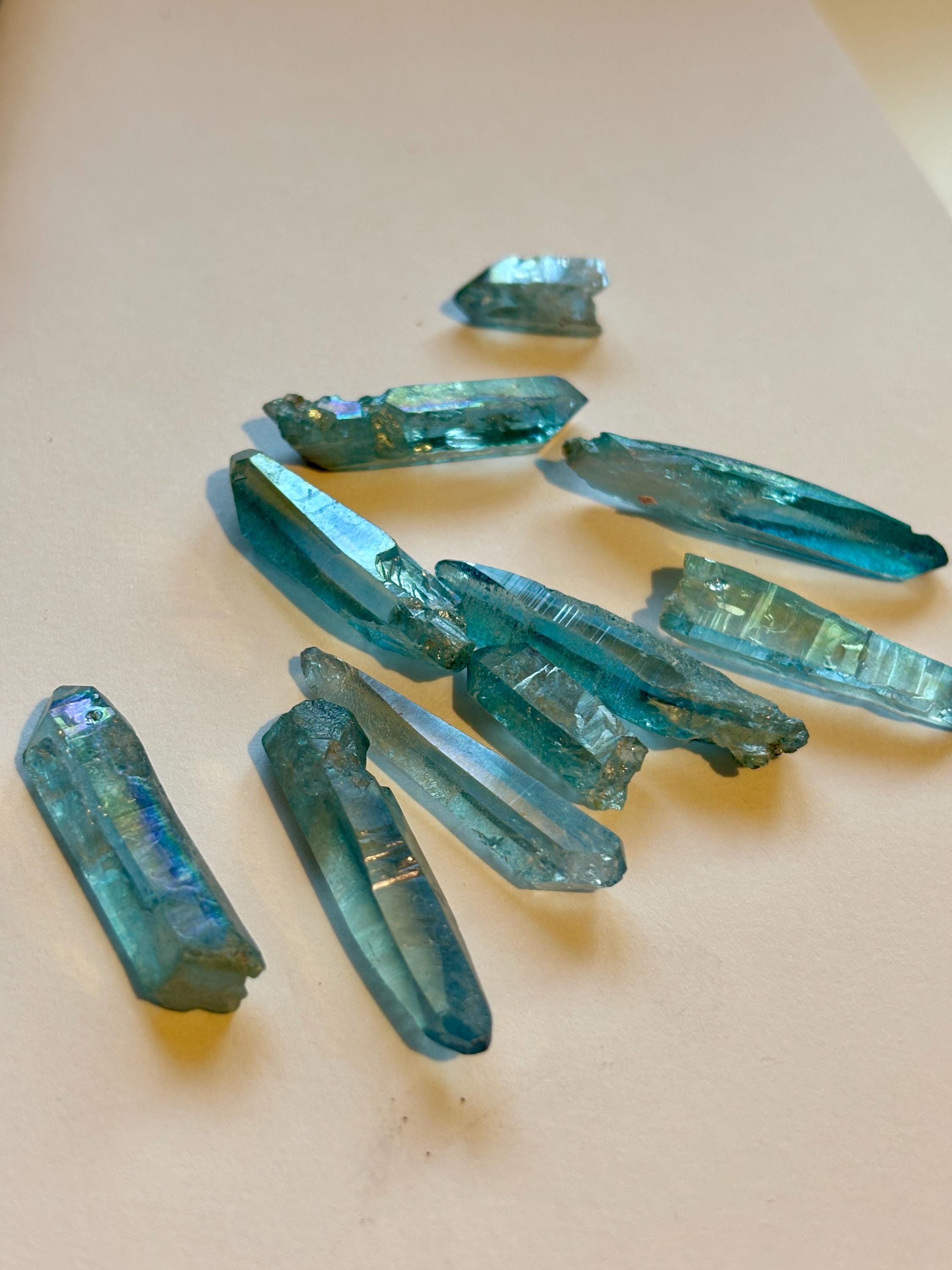 Aqua Aura Quartz Points | Iridescent Blue Titanium Coated Crystals (10 Piece Lot)