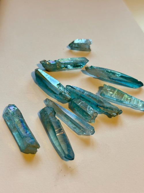 Aqua Aura Quartz Points | Iridescent Blue Titanium Coated Crystals (10 Piece Lot)