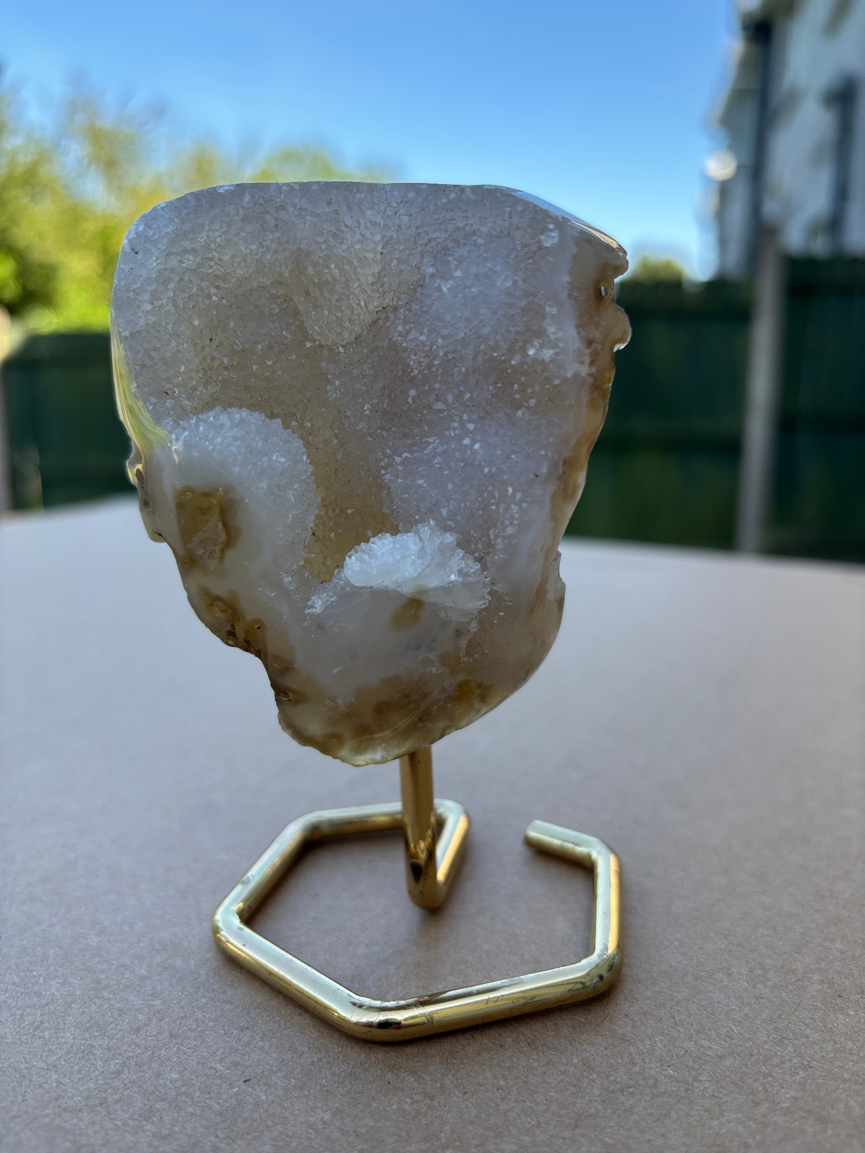 Natural Agate Geode on Gold Stand | Brazilian Crystal Display | Sparkling Collector Mineral | Luxury Home Decor