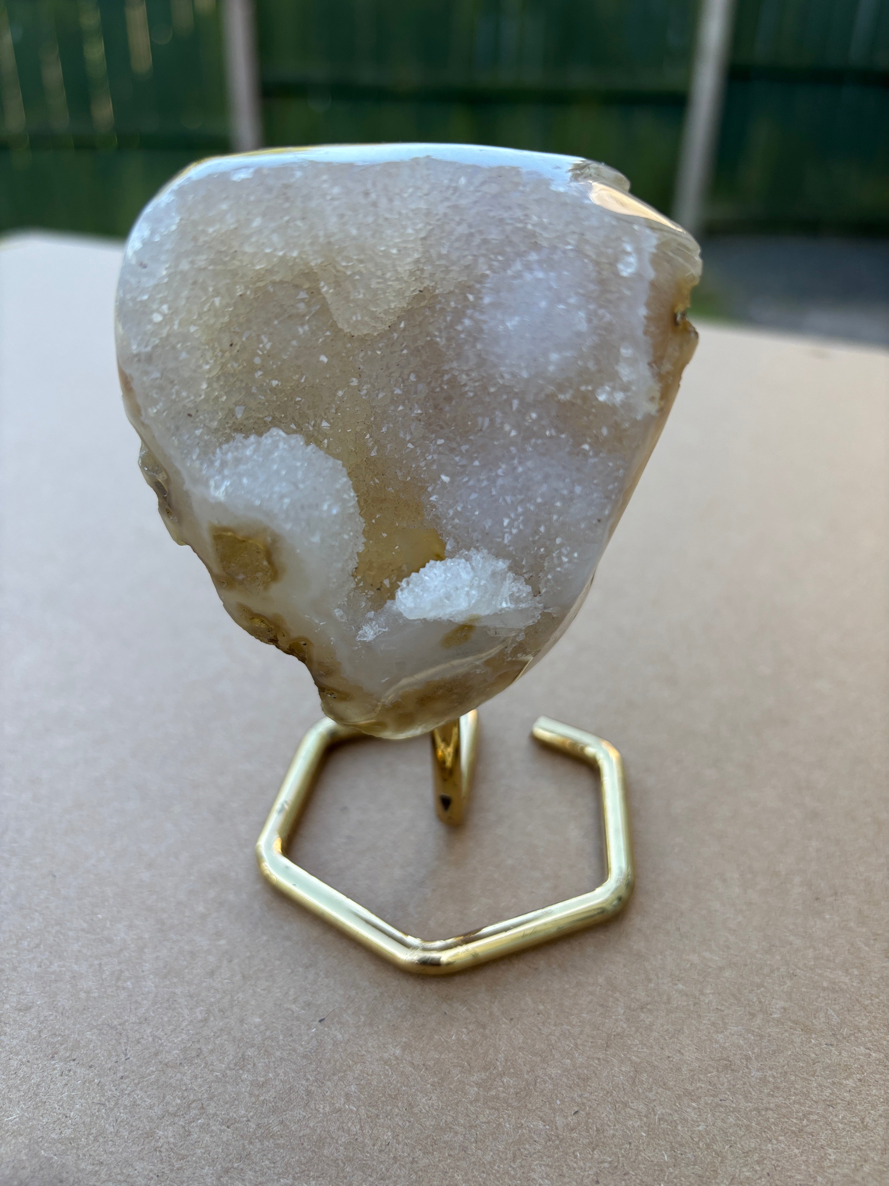Natural Agate Geode on Gold Stand | Brazilian Crystal Display | Sparkling Collector Mineral | Luxury Home Decor
