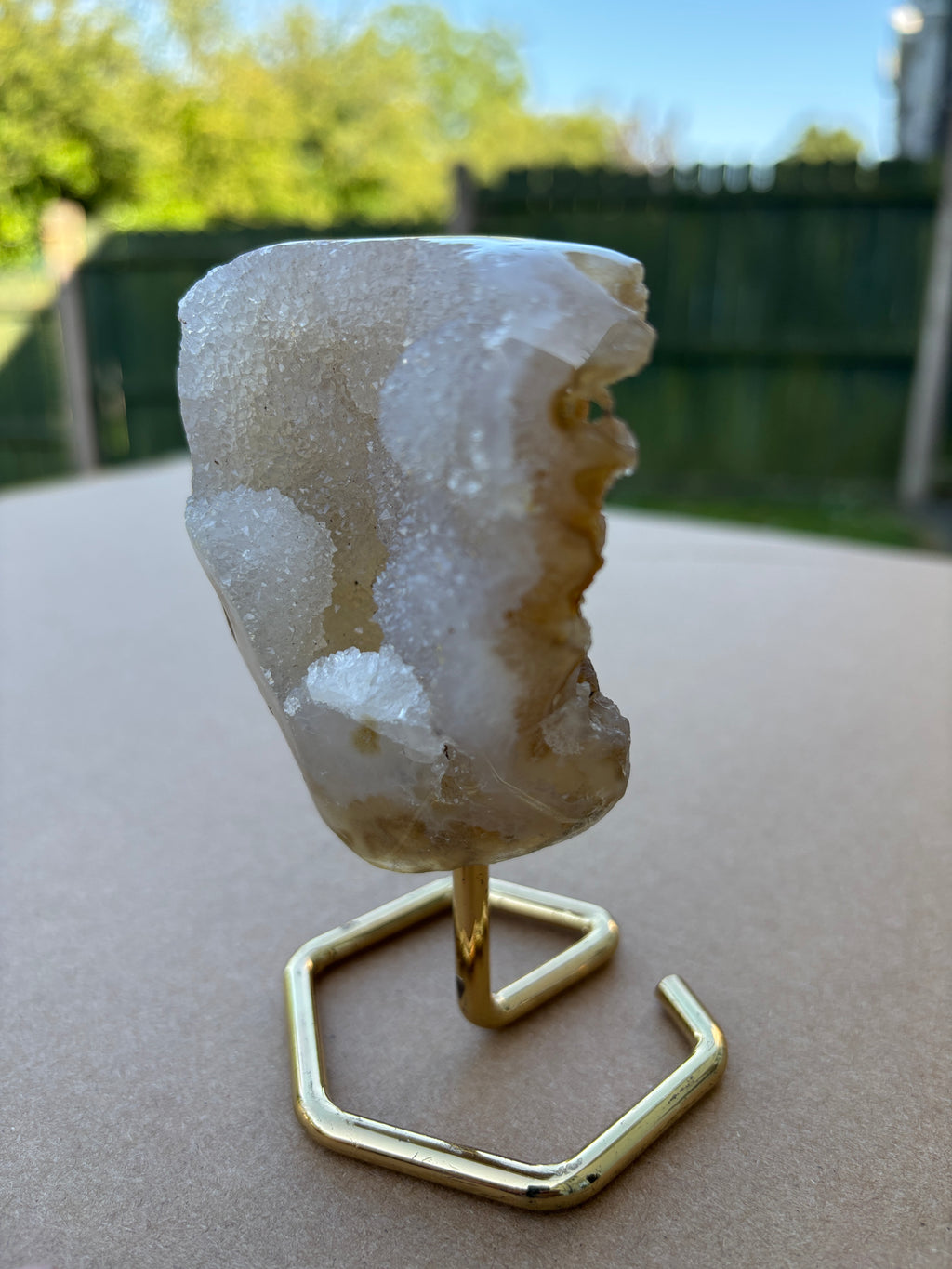 Natural Agate Geode on Gold Stand | Brazilian Crystal Display | Sparkling Collector Mineral | Luxury Home Decor