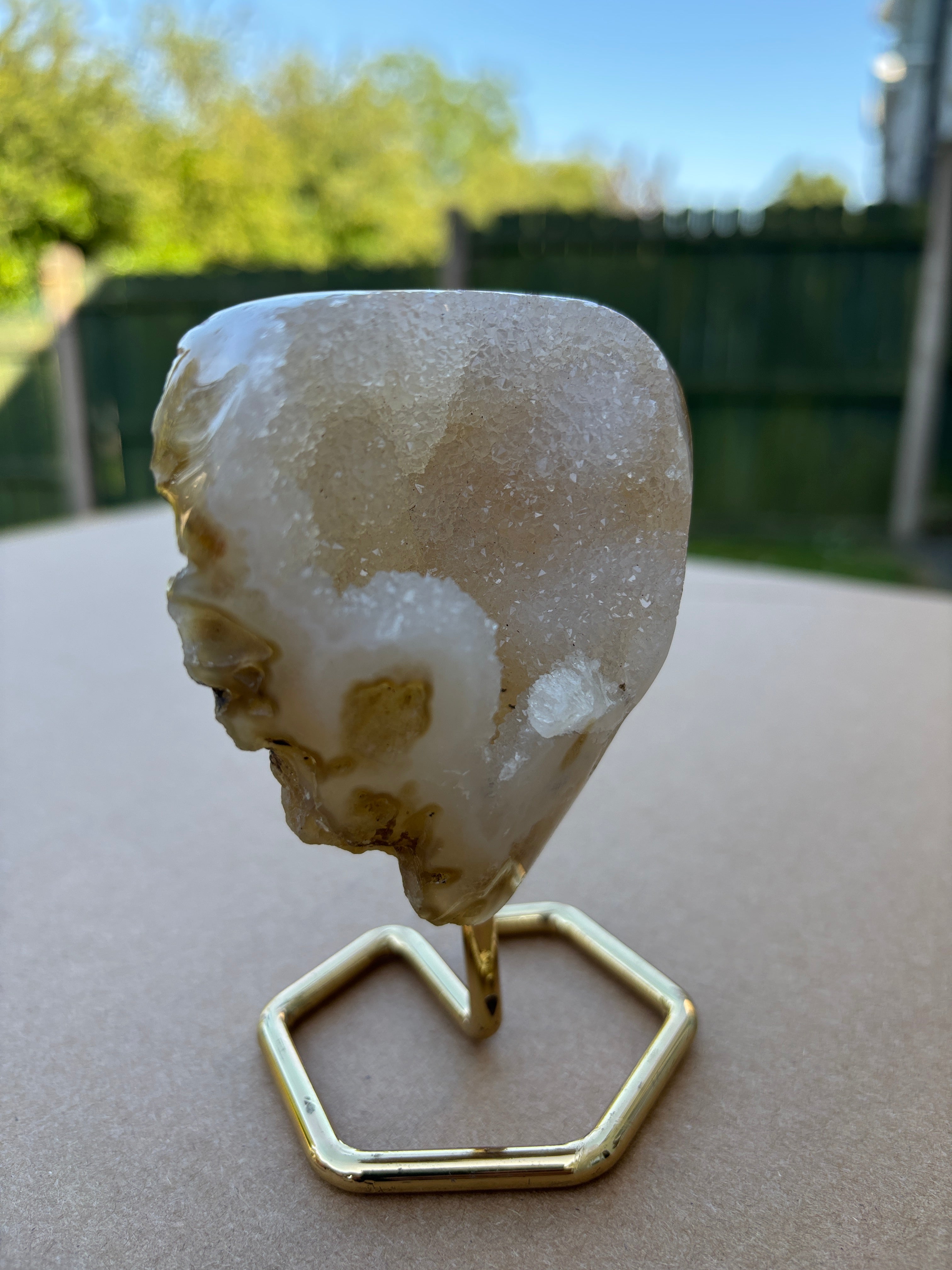 Natural Agate Geode on Gold Stand | Brazilian Crystal Display | Sparkling Collector Mineral | Luxury Home Decor