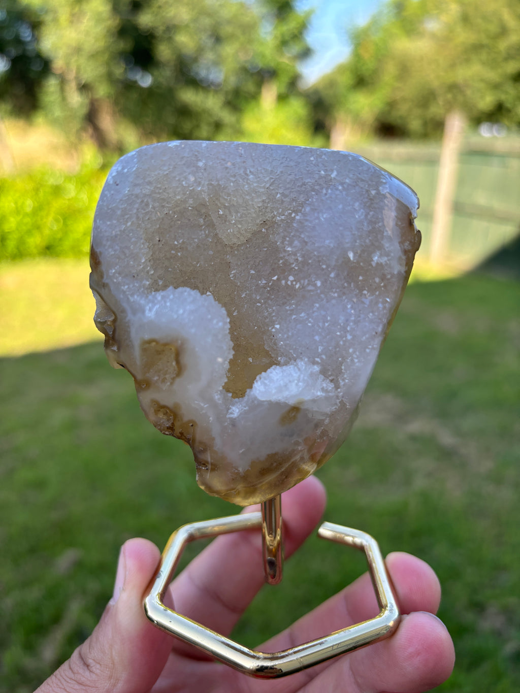 Natural Agate Geode on Gold Stand | Brazilian Crystal Display | Sparkling Collector Mineral | Luxury Home Decor