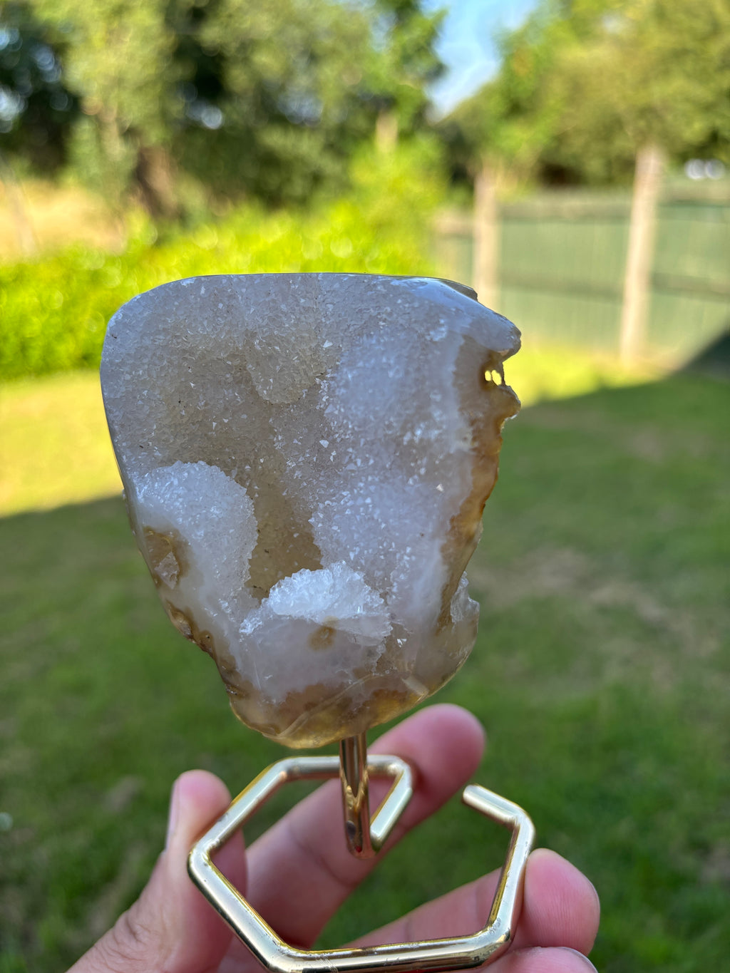 Natural Agate Geode on Gold Stand | Brazilian Crystal Display | Sparkling Collector Mineral | Luxury Home Decor