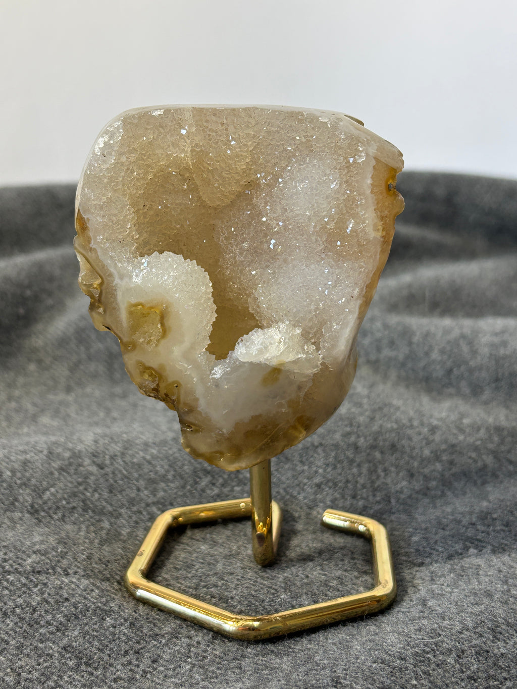 Natural Agate Geode on Gold Stand | Brazilian Crystal Display | Sparkling Collector Mineral | Luxury Home Decor
