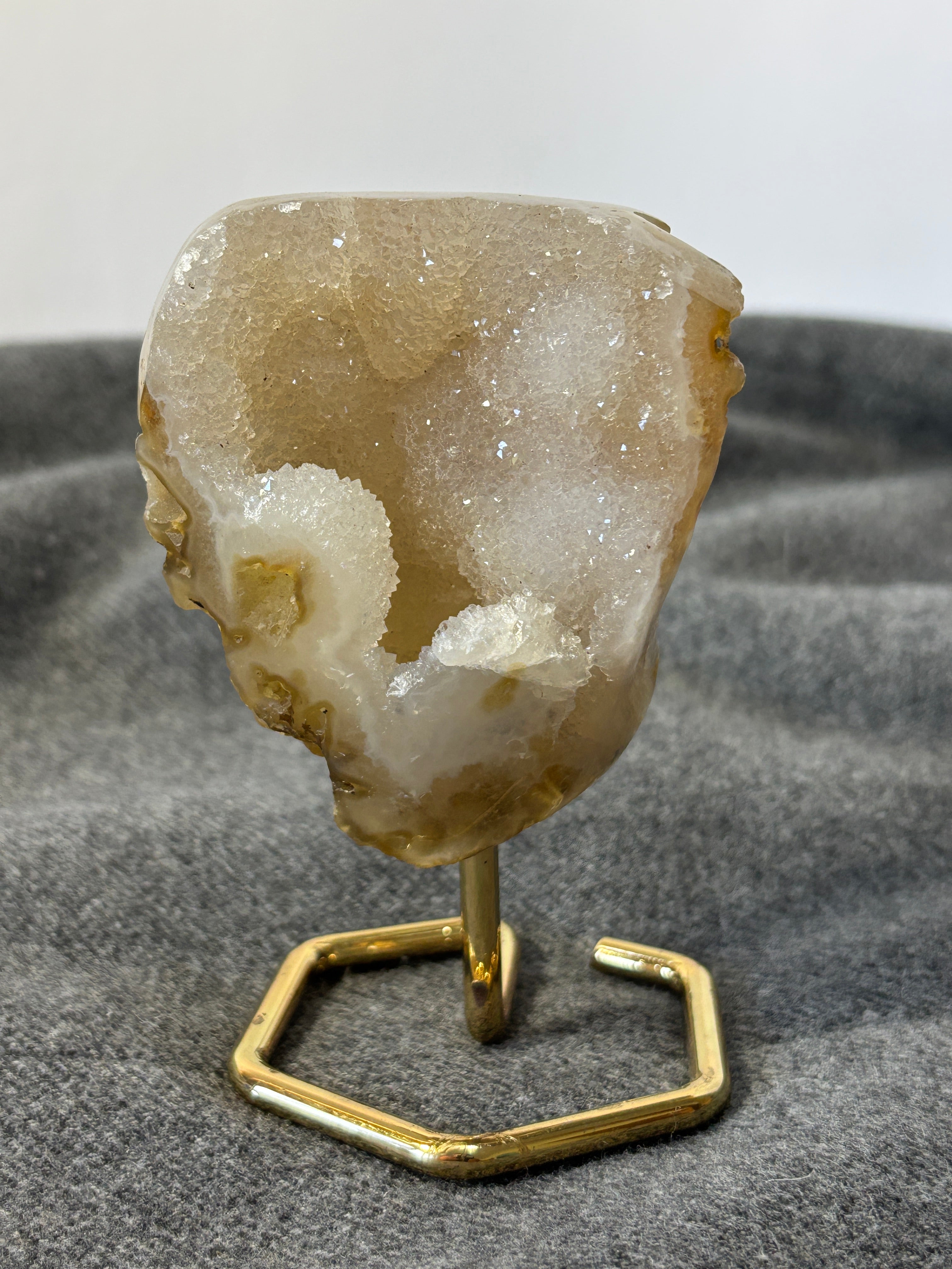 Natural Agate Geode on Gold Stand | Brazilian Crystal Display | Sparkling Collector Mineral | Luxury Home Decor