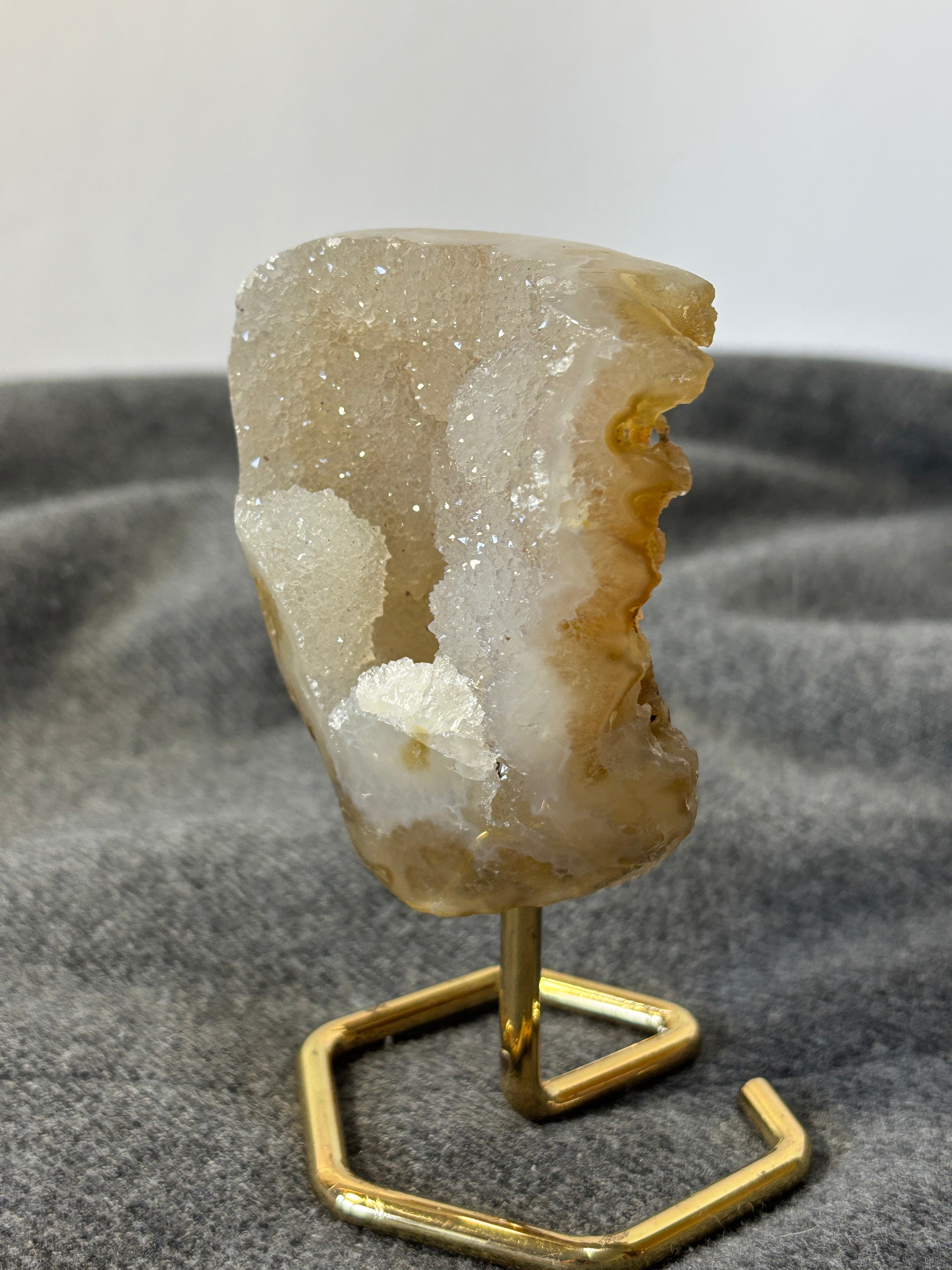 Natural Agate Geode on Gold Stand | Brazilian Crystal Display | Sparkling Collector Mineral | Luxury Home Decor