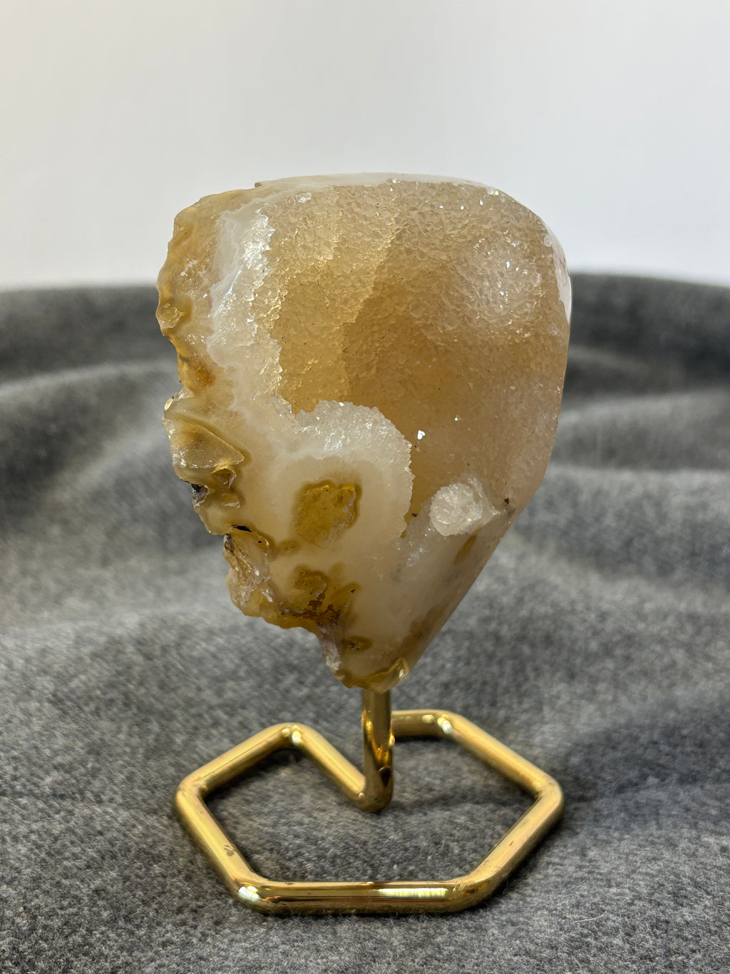 Natural Agate Geode on Gold Stand | Brazilian Crystal Display | Sparkling Collector Mineral | Luxury Home Decor
