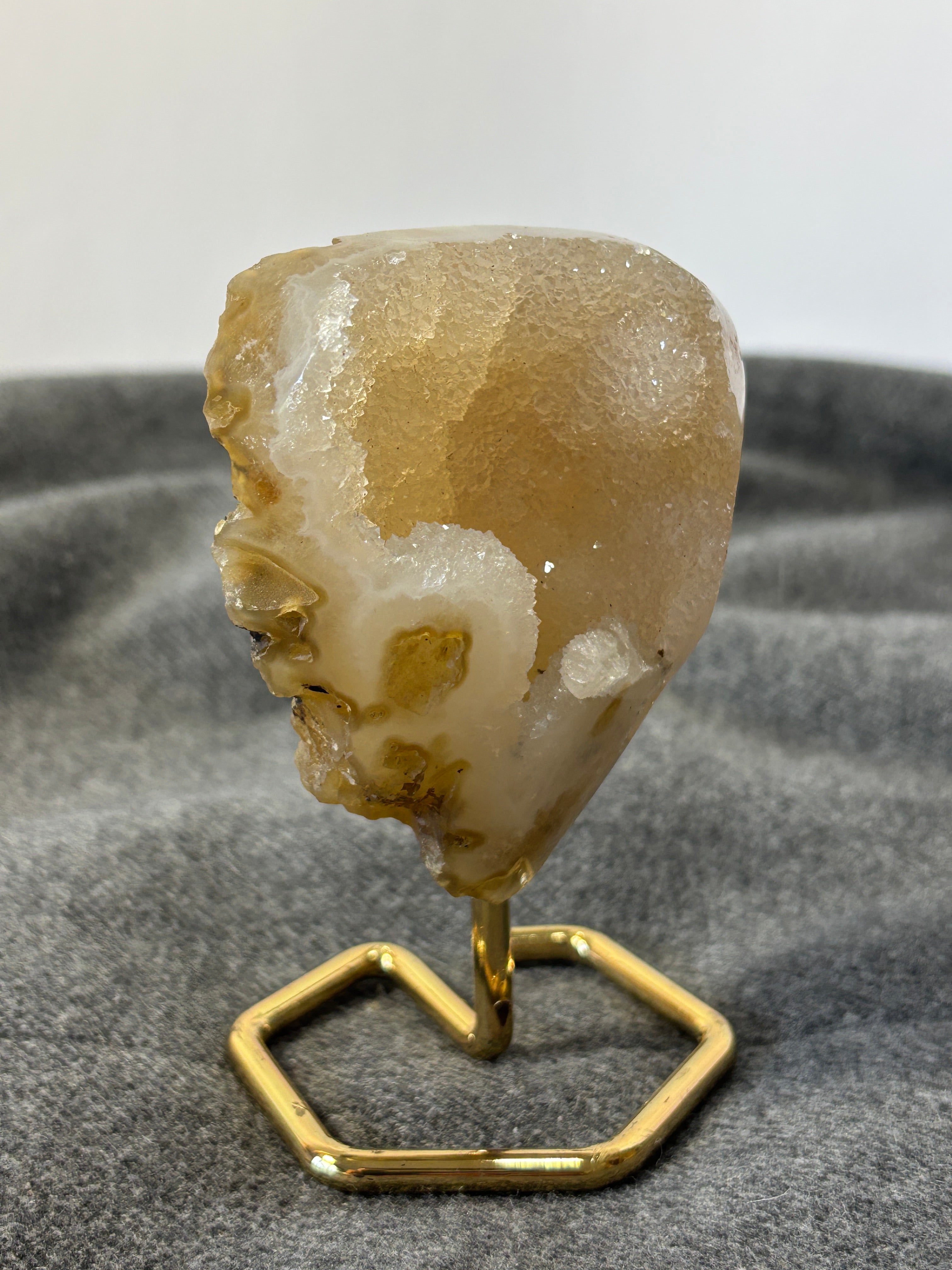 Natural Agate Geode on Gold Stand | Brazilian Crystal Display | Sparkling Collector Mineral | Luxury Home Decor