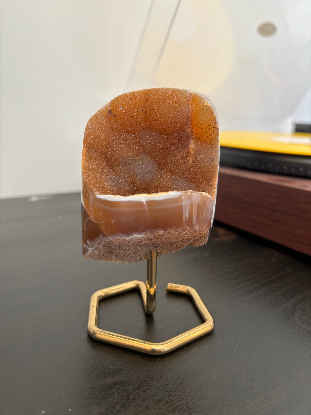 Natural Agate Geode on Gold Stand | Brazilian Crystal Display | Sparkling Collector Mineral | Luxury Home Decor