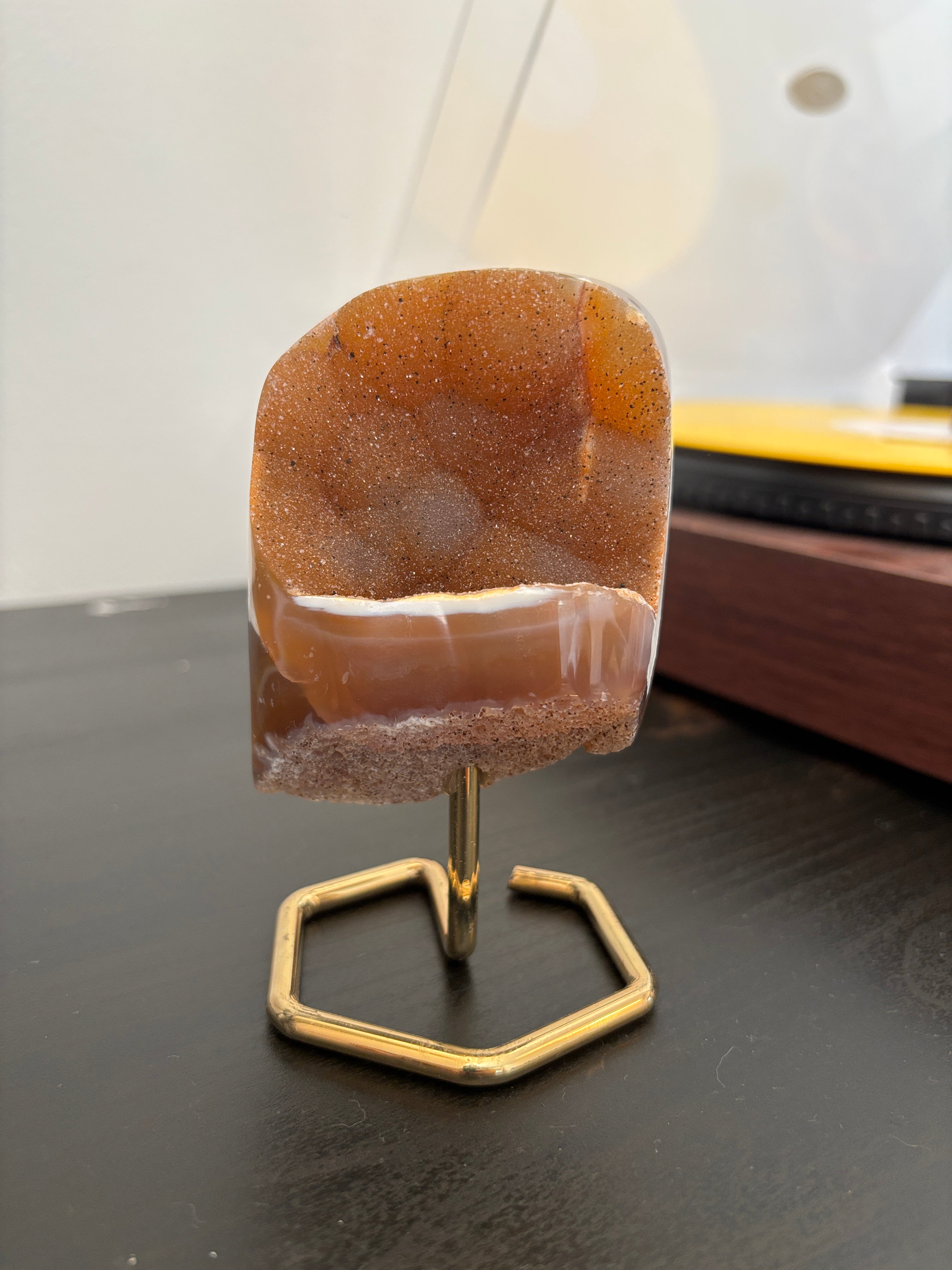 Natural Agate Geode on Gold Stand | Brazilian Crystal Display | Sparkling Collector Mineral | Luxury Home Decor