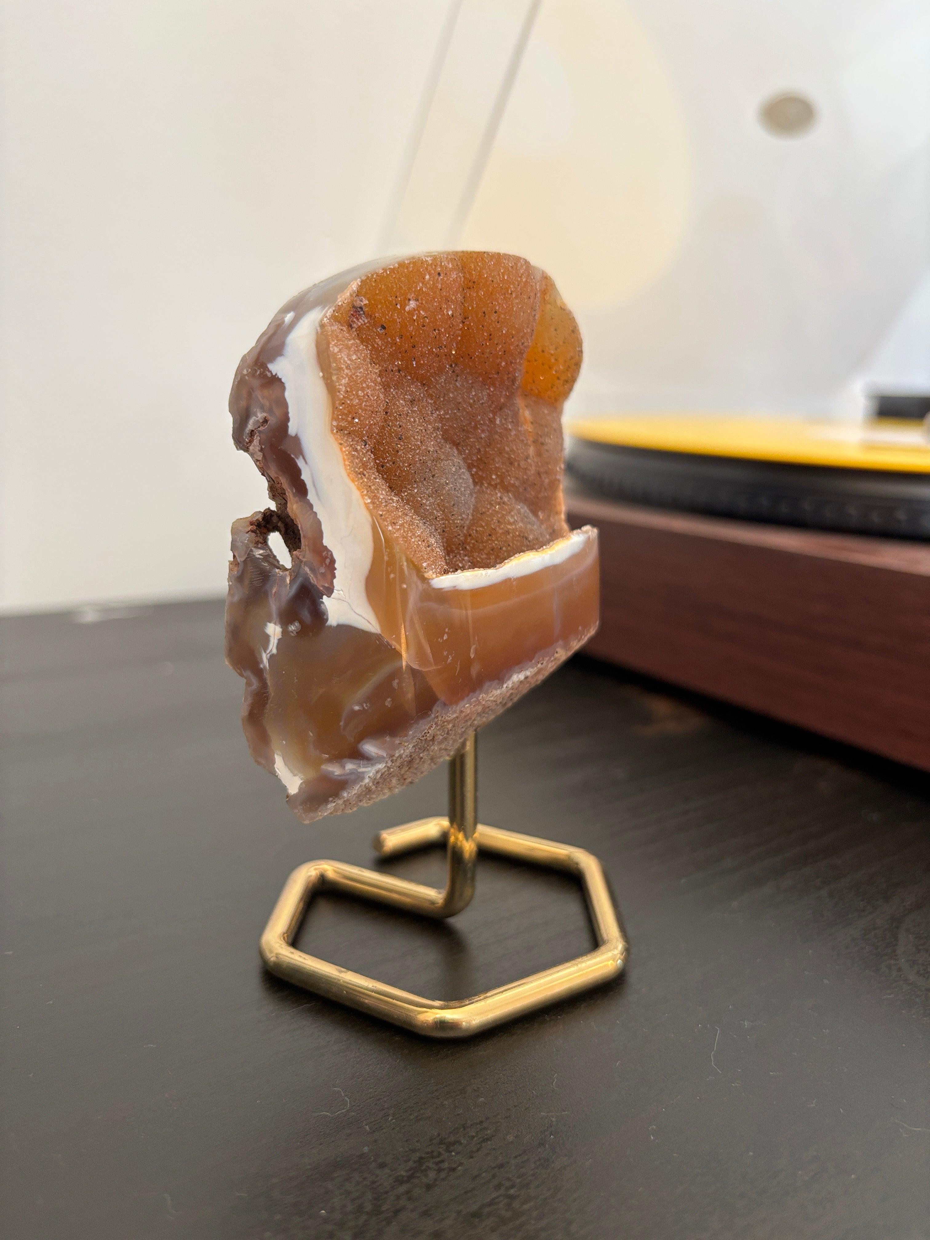 Natural Agate Geode on Gold Stand | Brazilian Crystal Display | Sparkling Collector Mineral | Luxury Home Decor