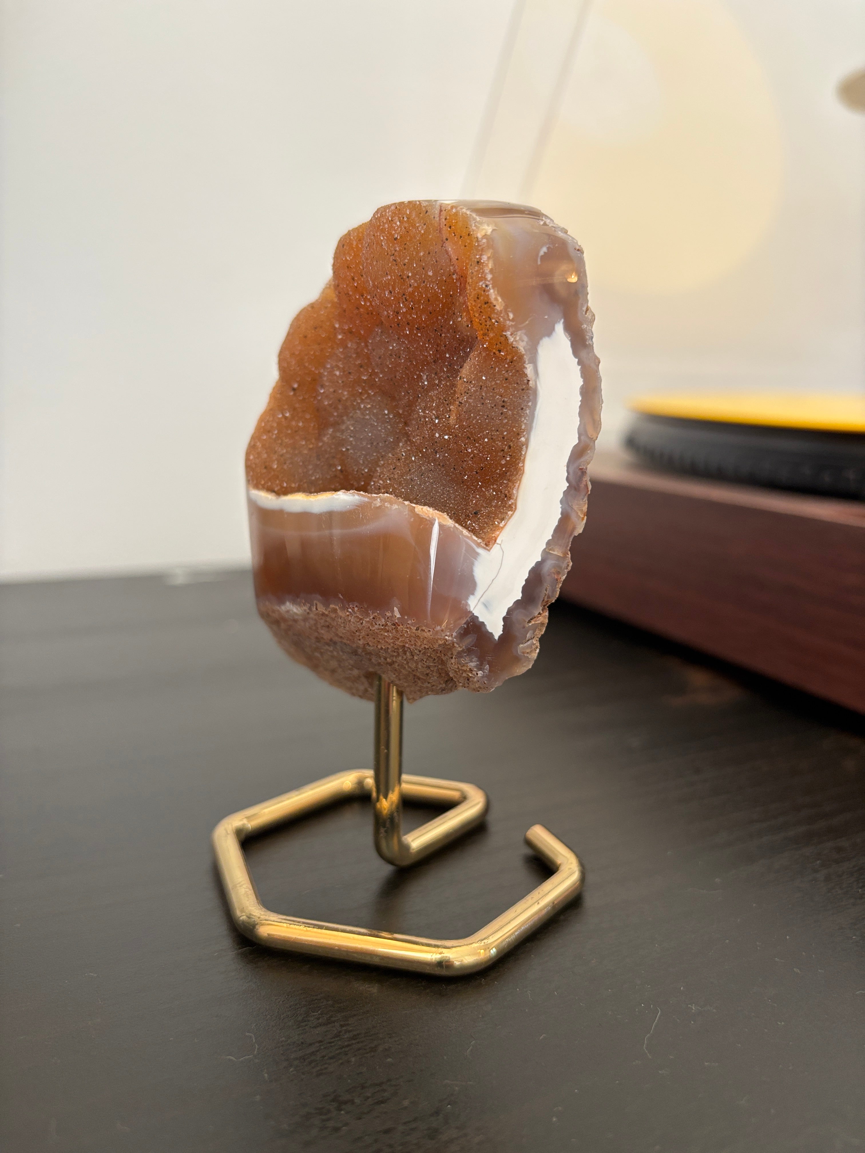 Natural Agate Geode on Gold Stand | Brazilian Crystal Display | Sparkling Collector Mineral | Luxury Home Decor
