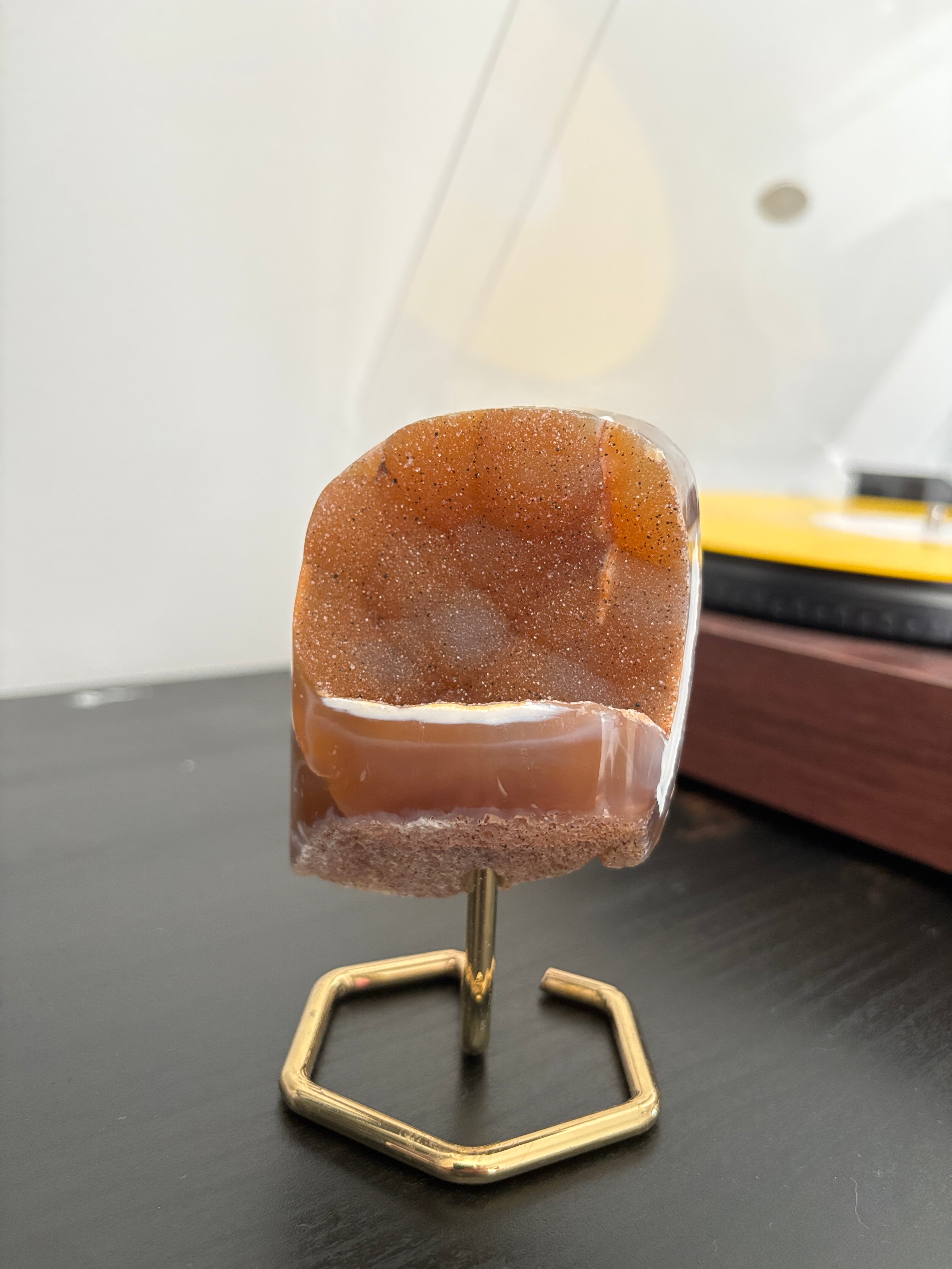 Natural Agate Geode on Gold Stand | Brazilian Crystal Display | Sparkling Collector Mineral | Luxury Home Decor