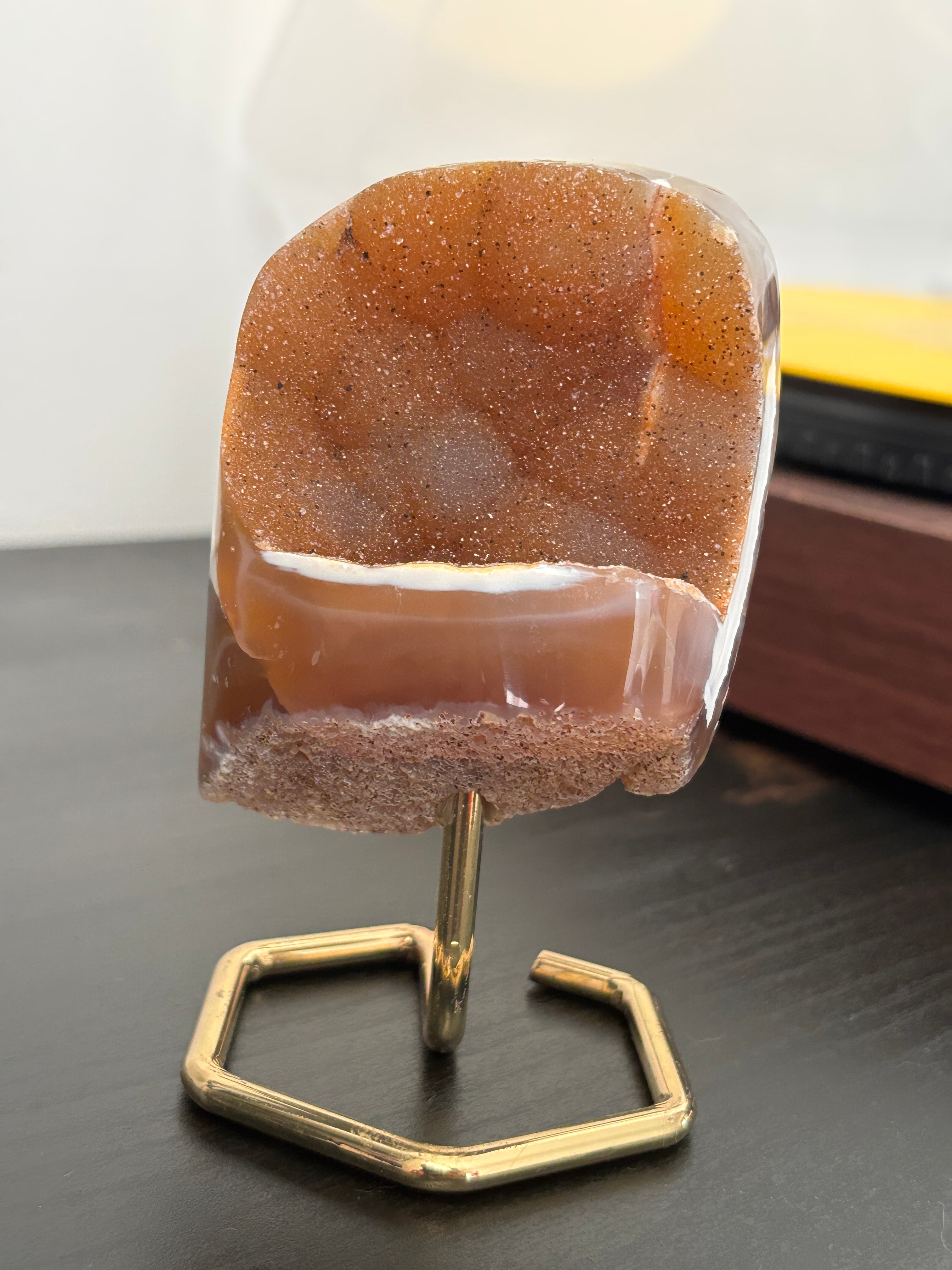 Natural Agate Geode on Gold Stand | Brazilian Crystal Display | Sparkling Collector Mineral | Luxury Home Decor