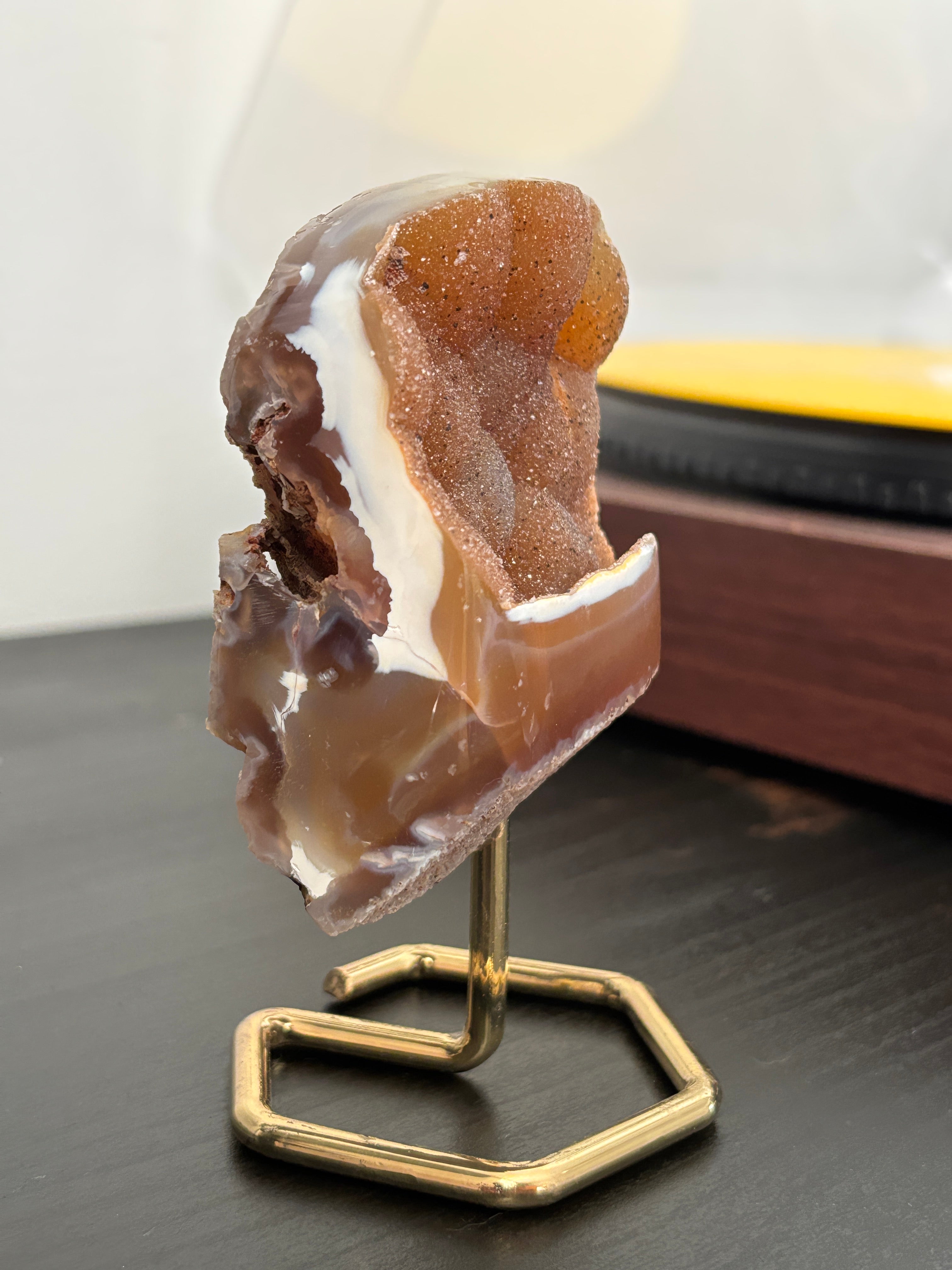 Natural Agate Geode on Gold Stand | Brazilian Crystal Display | Sparkling Collector Mineral | Luxury Home Decor