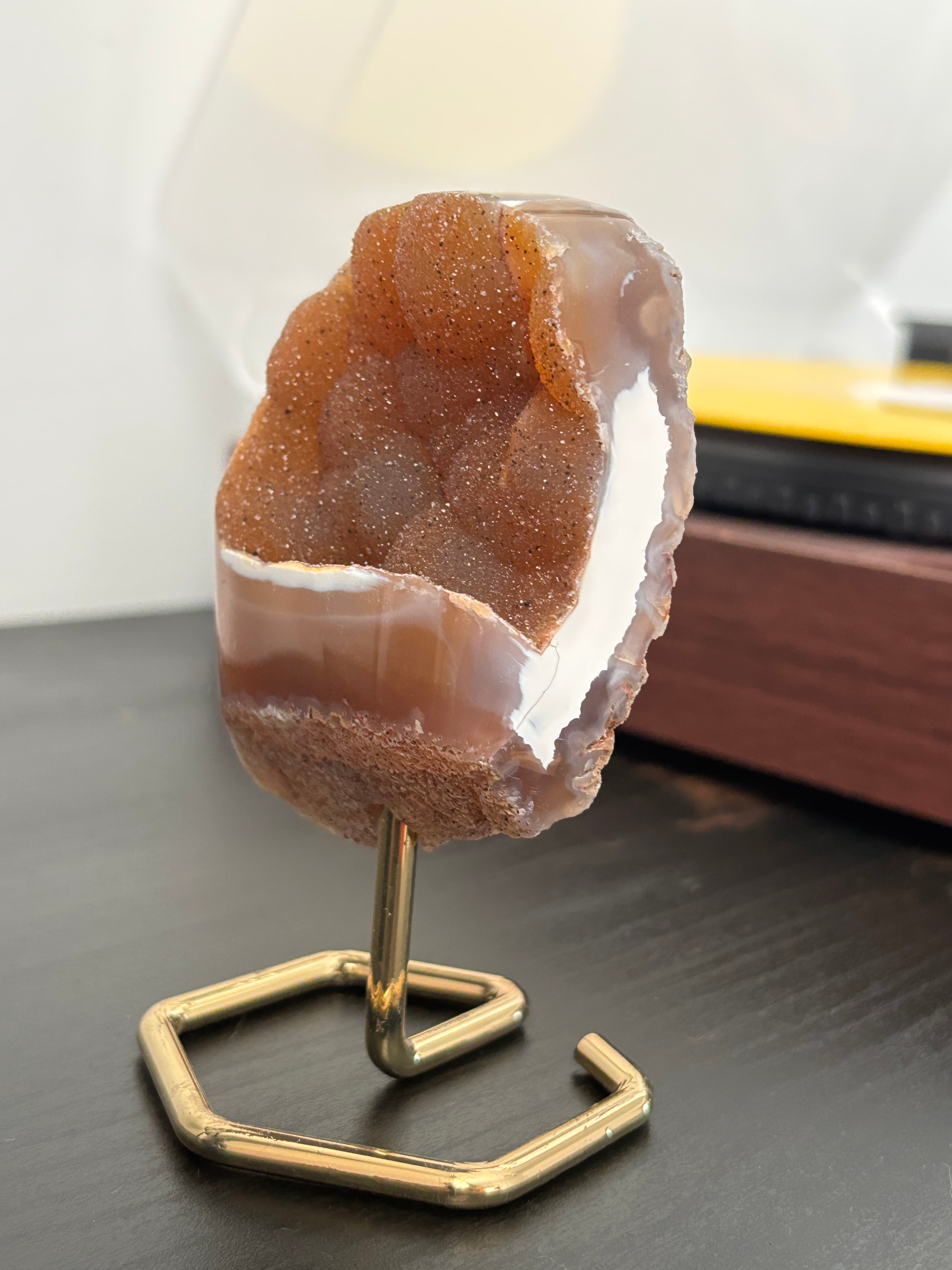 Natural Agate Geode on Gold Stand | Brazilian Crystal Display | Sparkling Collector Mineral | Luxury Home Decor