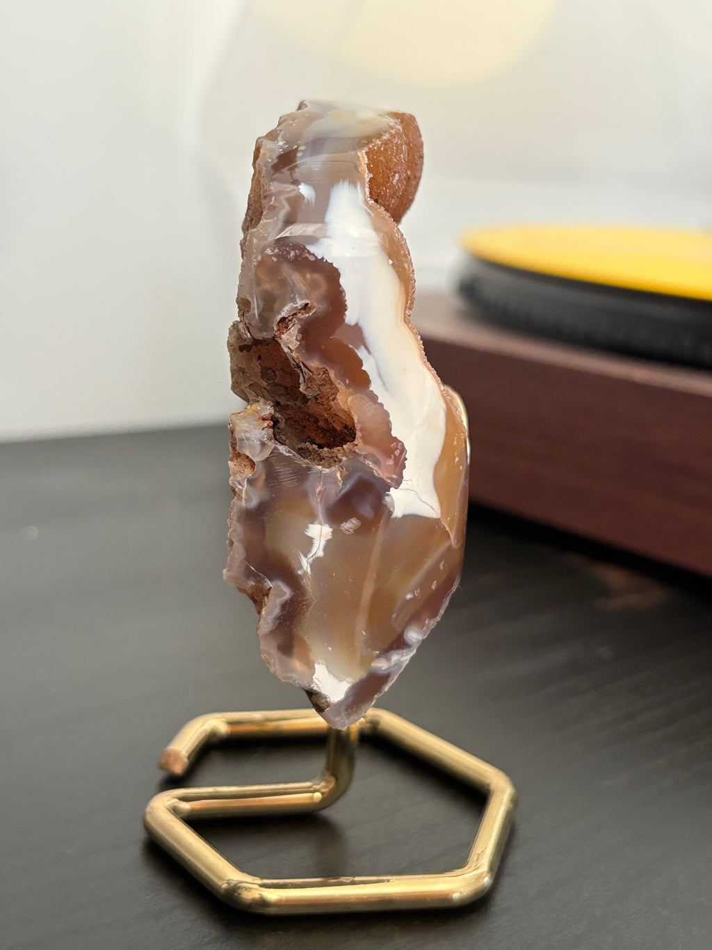 Natural Agate Geode on Gold Stand | Brazilian Crystal Display | Sparkling Collector Mineral | Luxury Home Decor