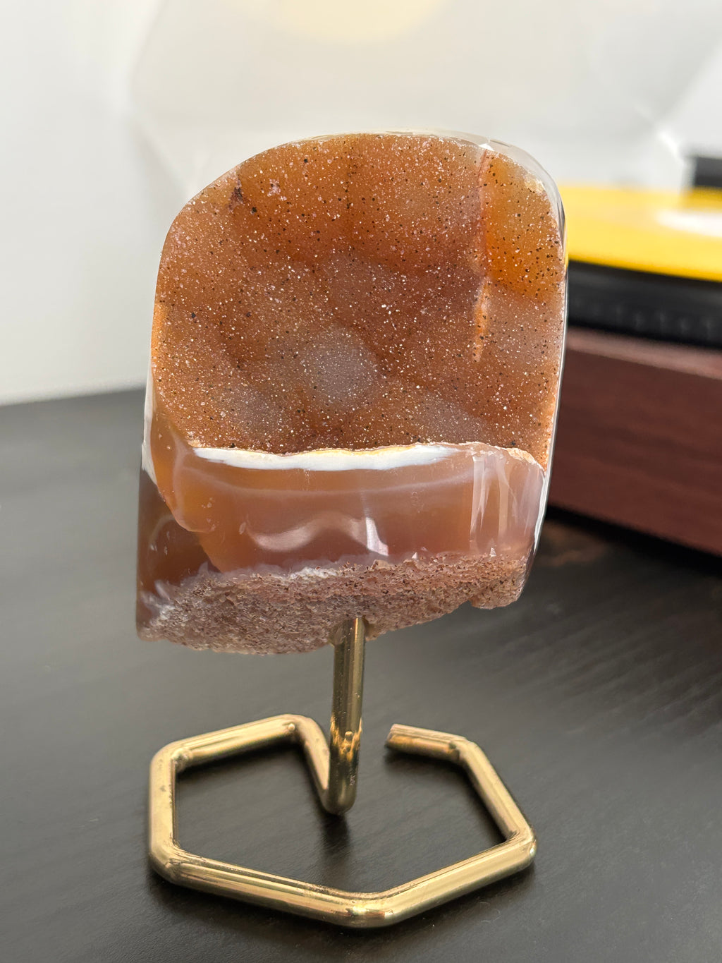 Natural Agate Geode on Gold Stand | Brazilian Crystal Display | Sparkling Collector Mineral | Luxury Home Decor