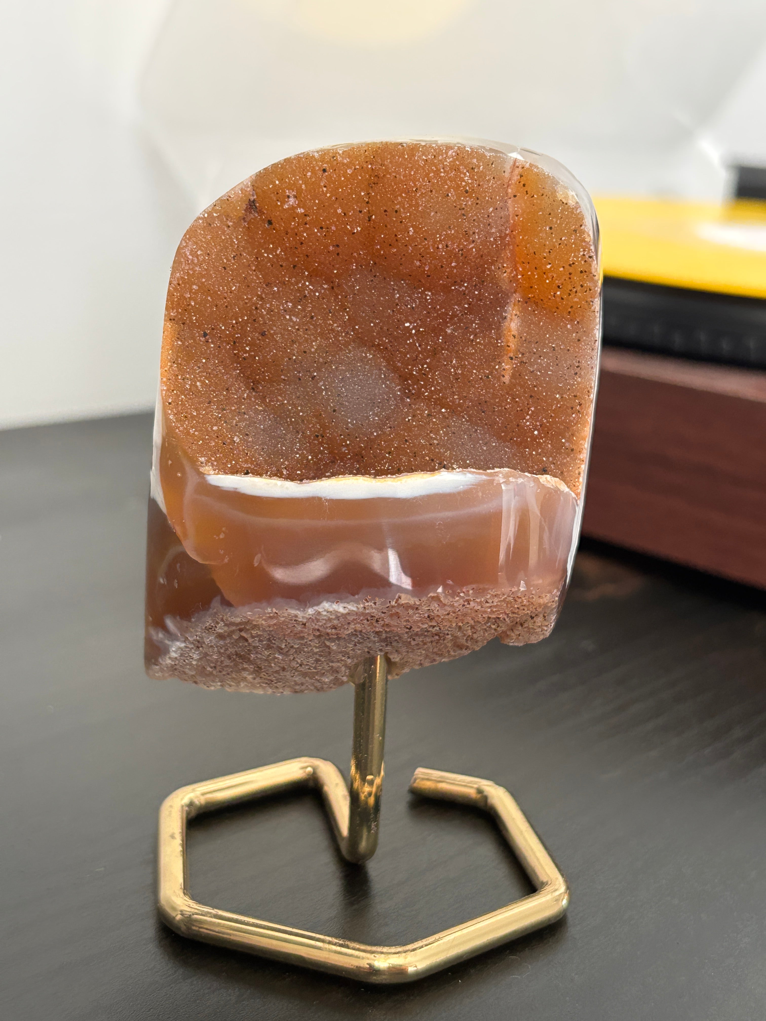 Natural Agate Geode on Gold Stand | Brazilian Crystal Display | Sparkling Collector Mineral | Luxury Home Decor