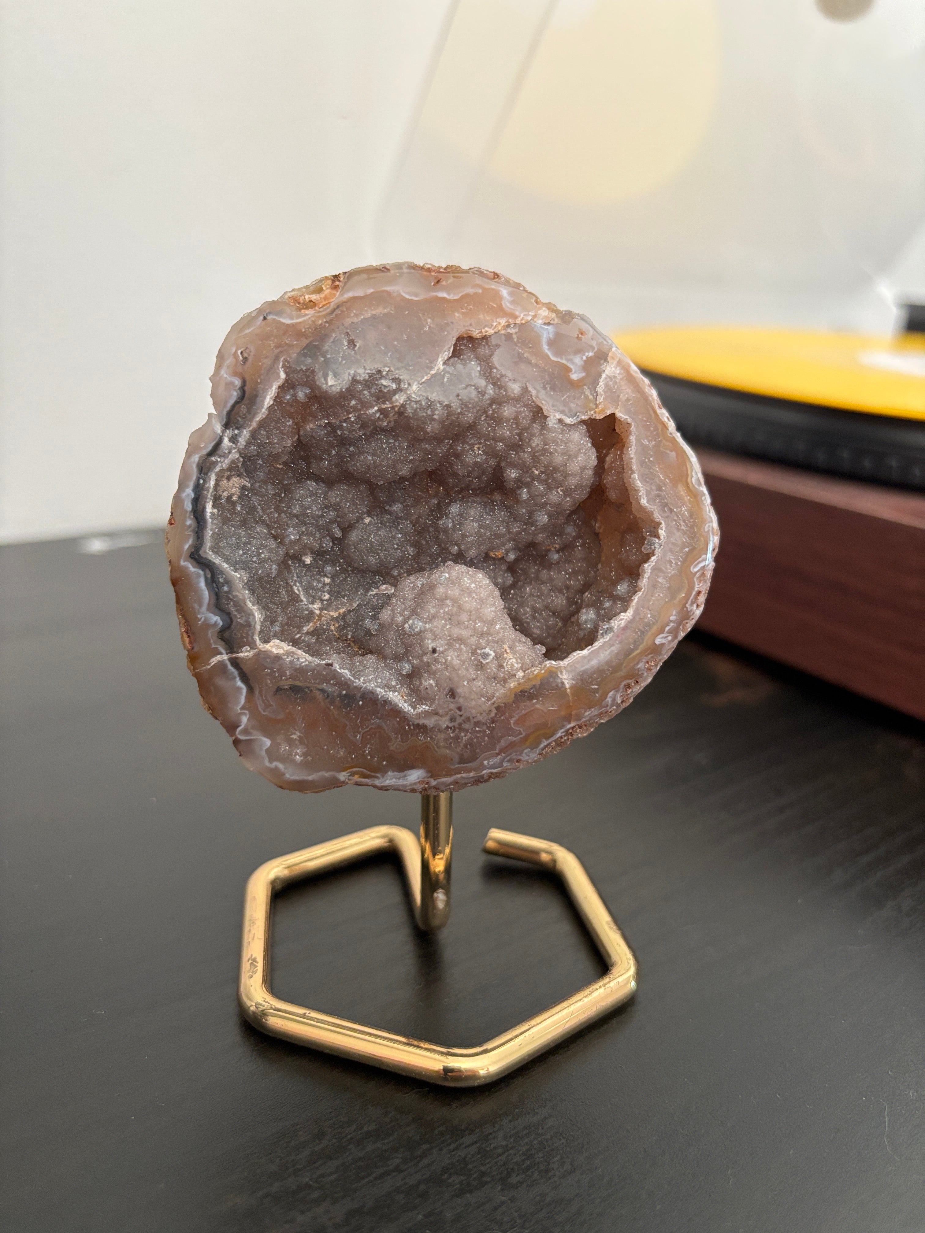 Natural Agate Geode on Gold Stand | Brazilian Crystal Display | Sparkling Collector Mineral | Luxury Home Decor