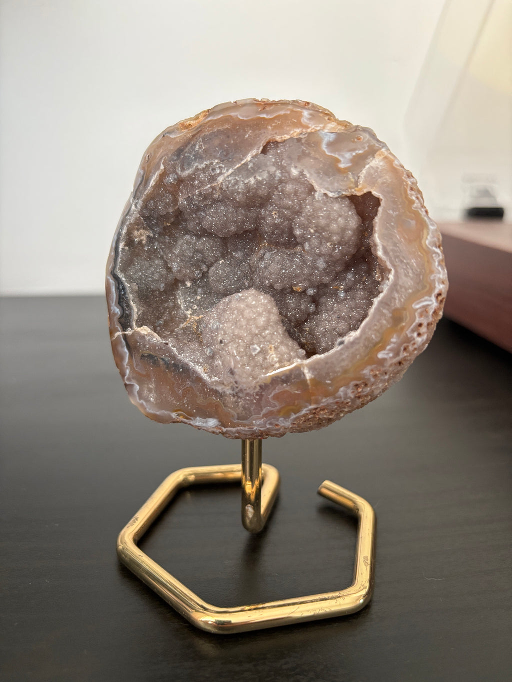 Natural Agate Geode on Gold Stand | Brazilian Crystal Display | Sparkling Collector Mineral | Luxury Home Decor
