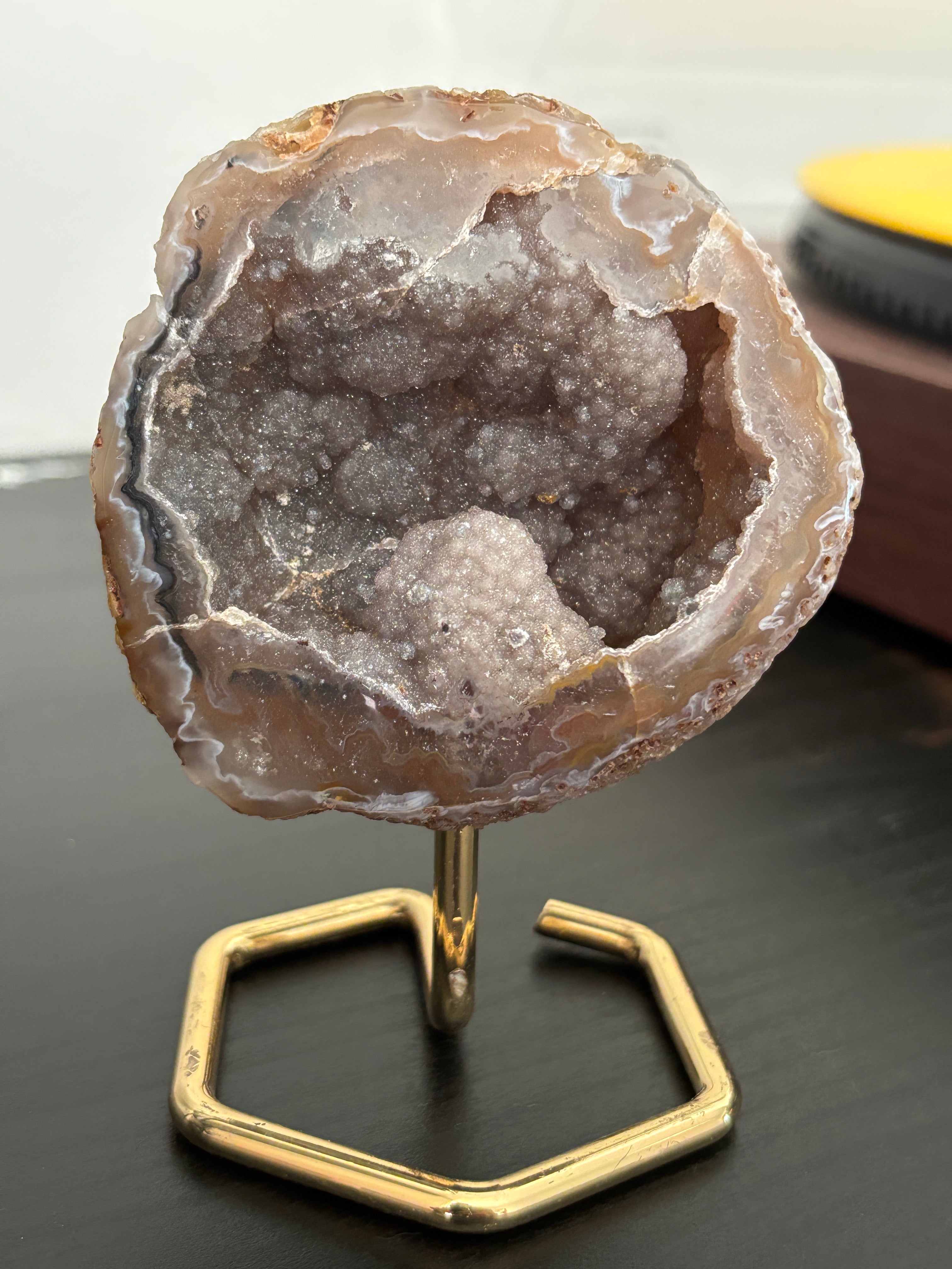 Natural Agate Geode on Gold Stand | Brazilian Crystal Display | Sparkling Collector Mineral | Luxury Home Decor