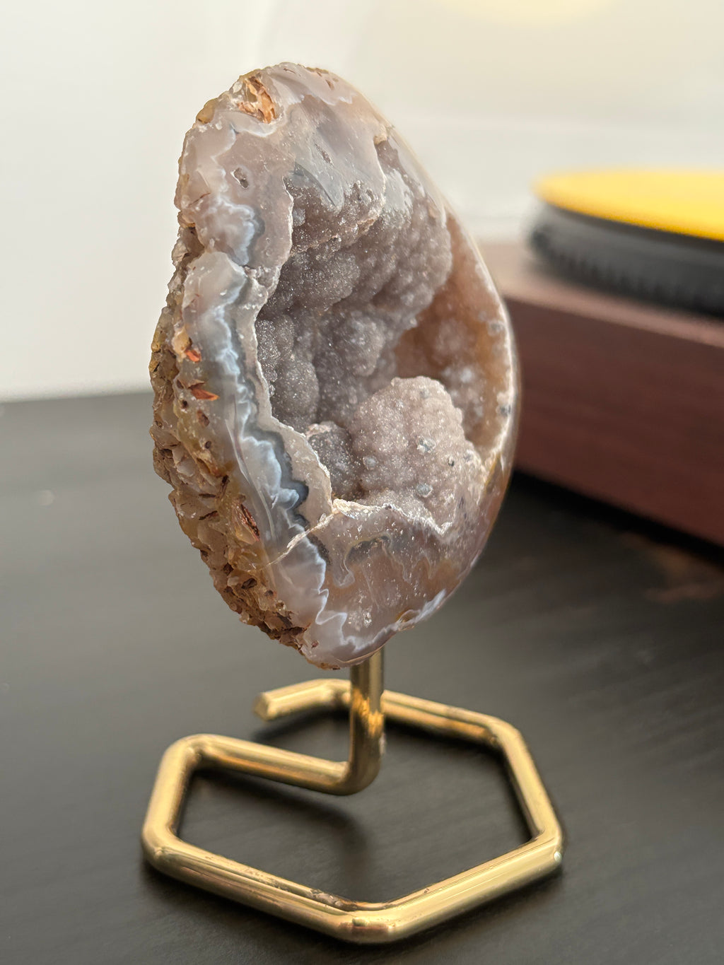 Natural Agate Geode on Gold Stand | Brazilian Crystal Display | Sparkling Collector Mineral | Luxury Home Decor
