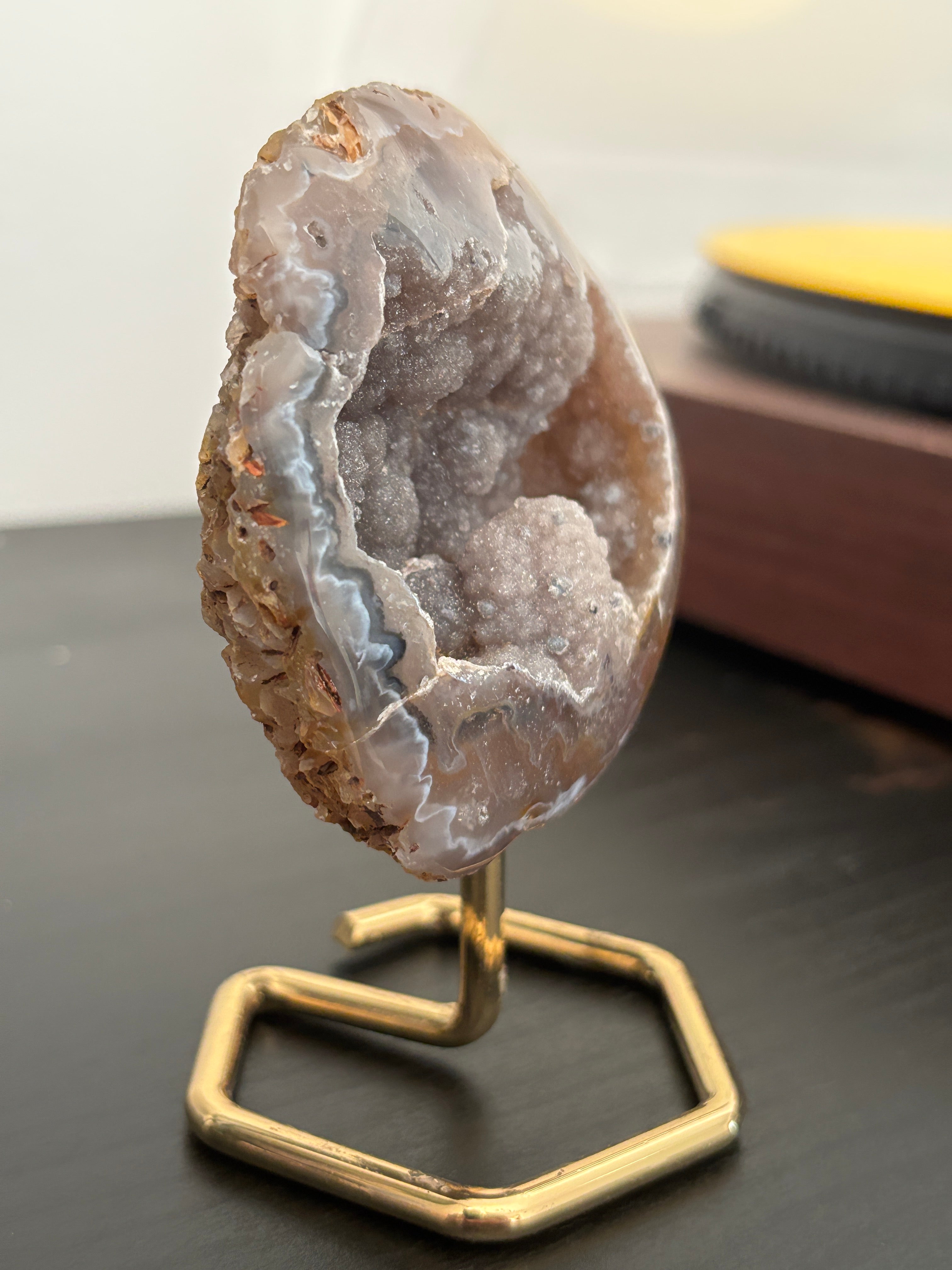 Natural Agate Geode on Gold Stand | Brazilian Crystal Display | Sparkling Collector Mineral | Luxury Home Decor
