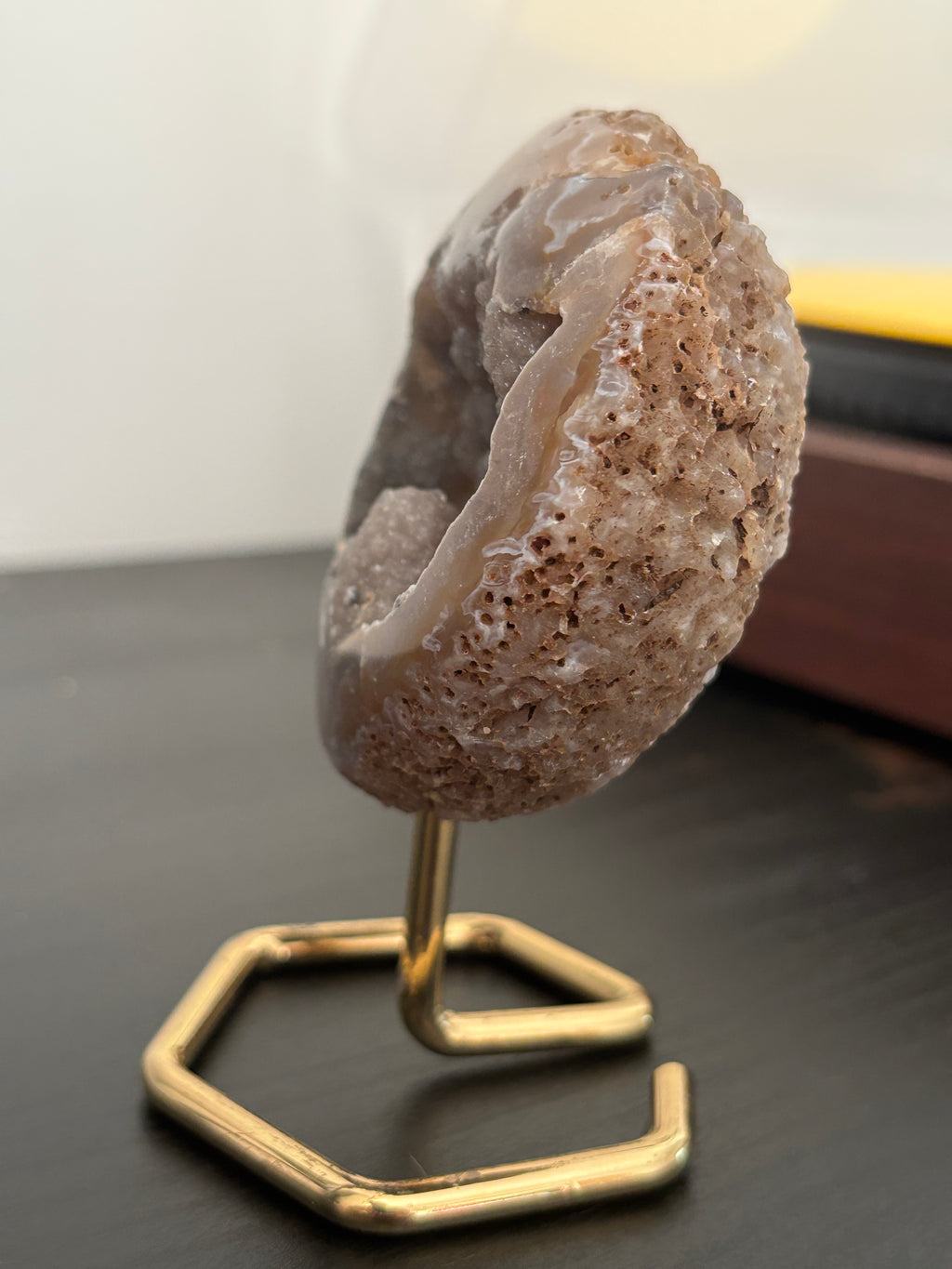 Natural Agate Geode on Gold Stand | Brazilian Crystal Display | Sparkling Collector Mineral | Luxury Home Decor