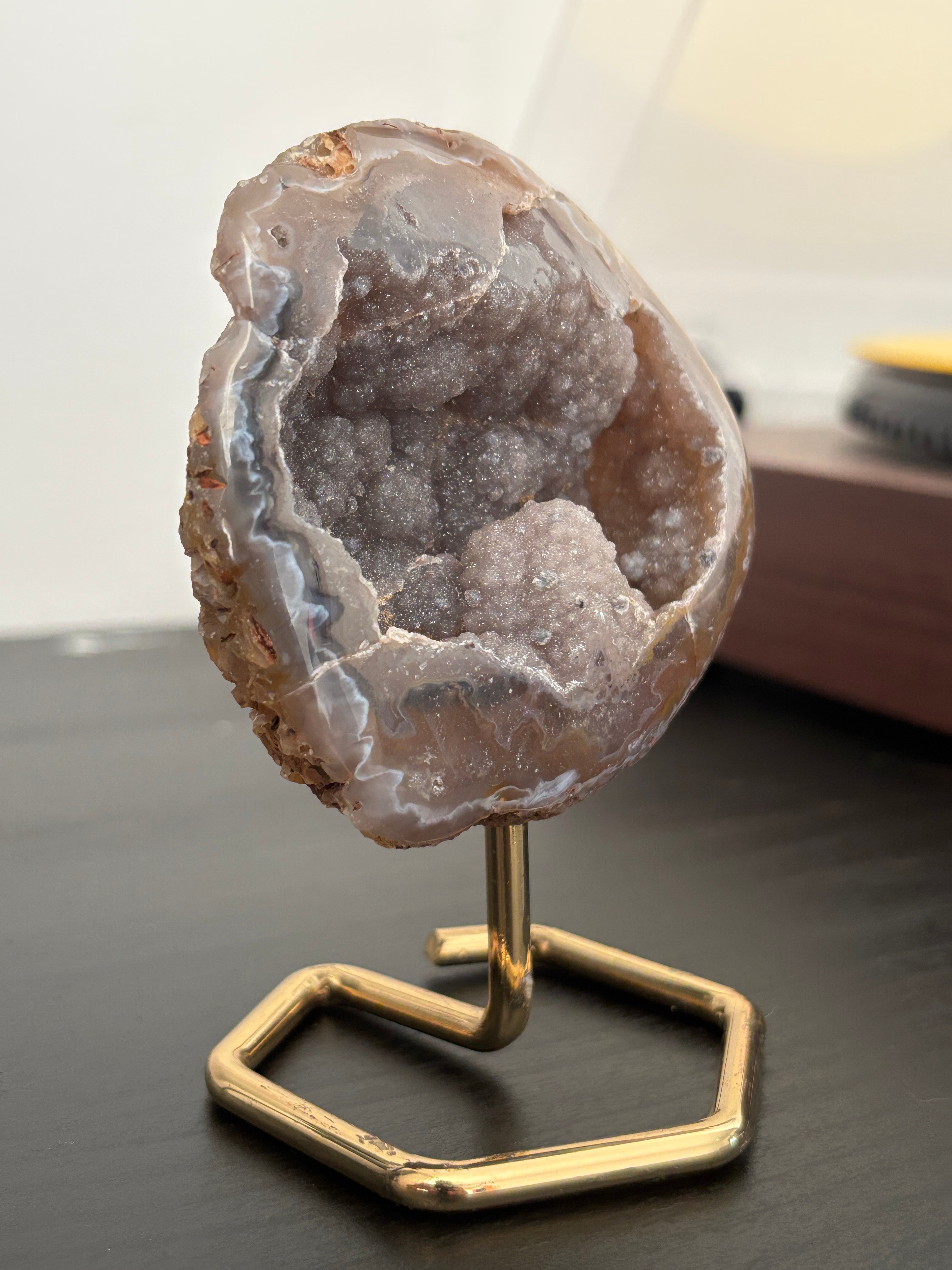 Natural Agate Geode on Gold Stand | Brazilian Crystal Display | Sparkling Collector Mineral | Luxury Home Decor