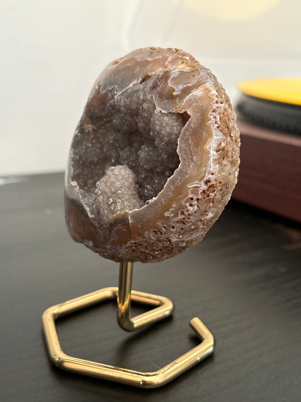 Natural Agate Geode on Gold Stand | Brazilian Crystal Display | Sparkling Collector Mineral | Luxury Home Decor