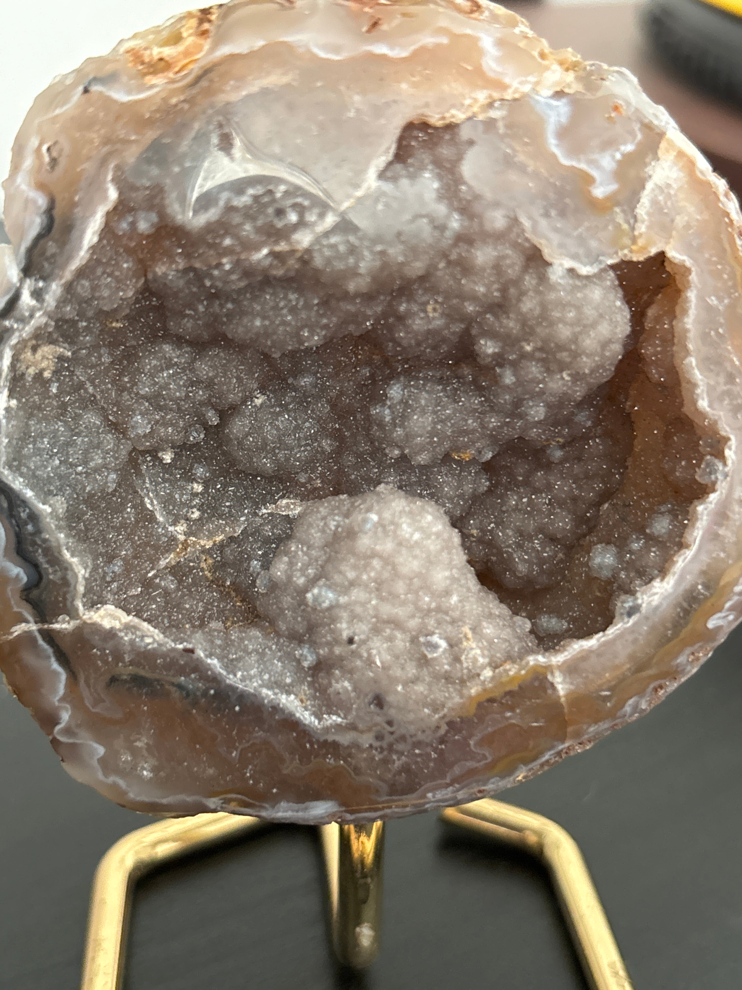 Natural Agate Geode on Gold Stand | Brazilian Crystal Display | Sparkling Collector Mineral | Luxury Home Decor
