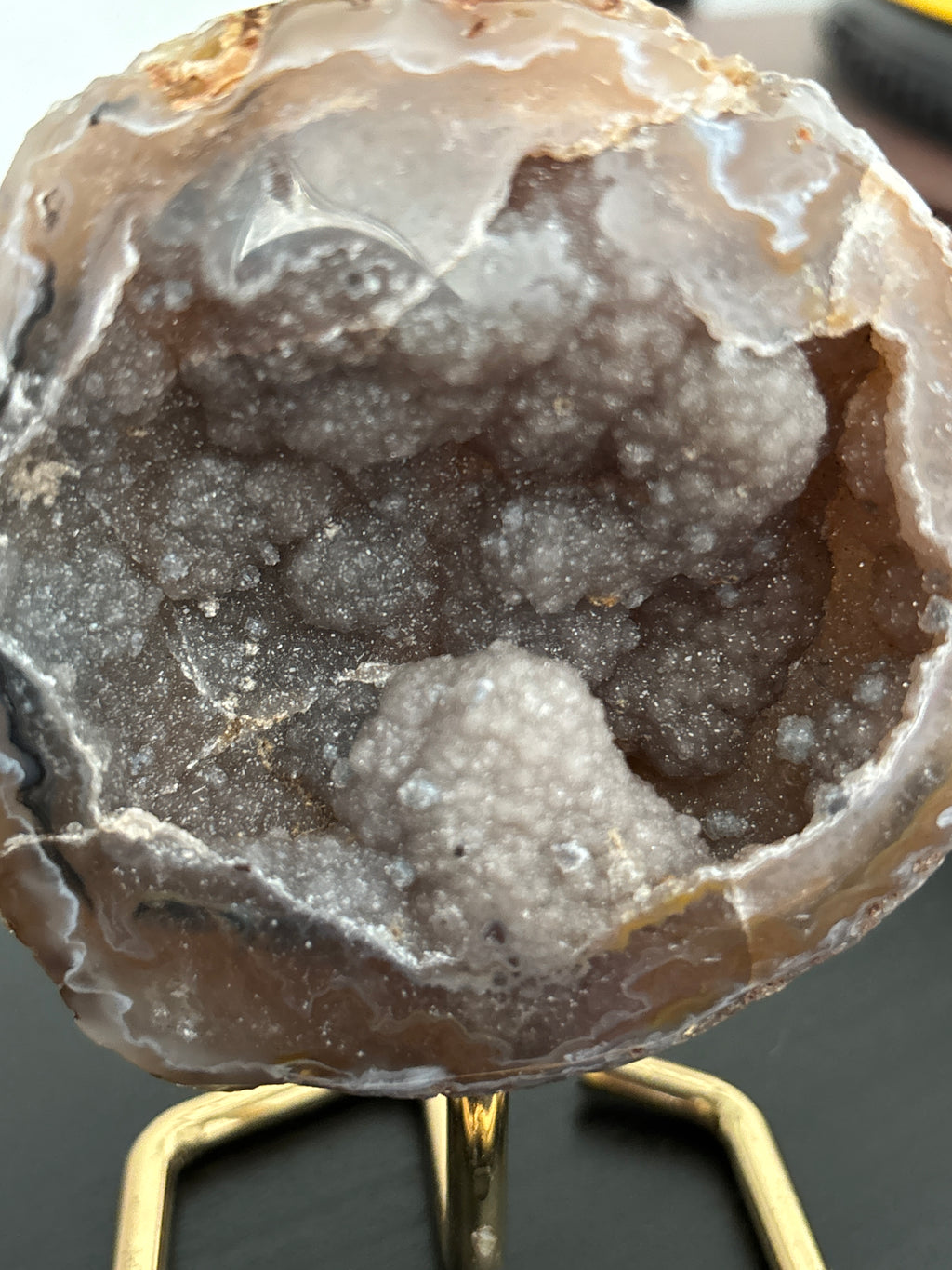 Natural Agate Geode on Gold Stand | Brazilian Crystal Display | Sparkling Collector Mineral | Luxury Home Decor
