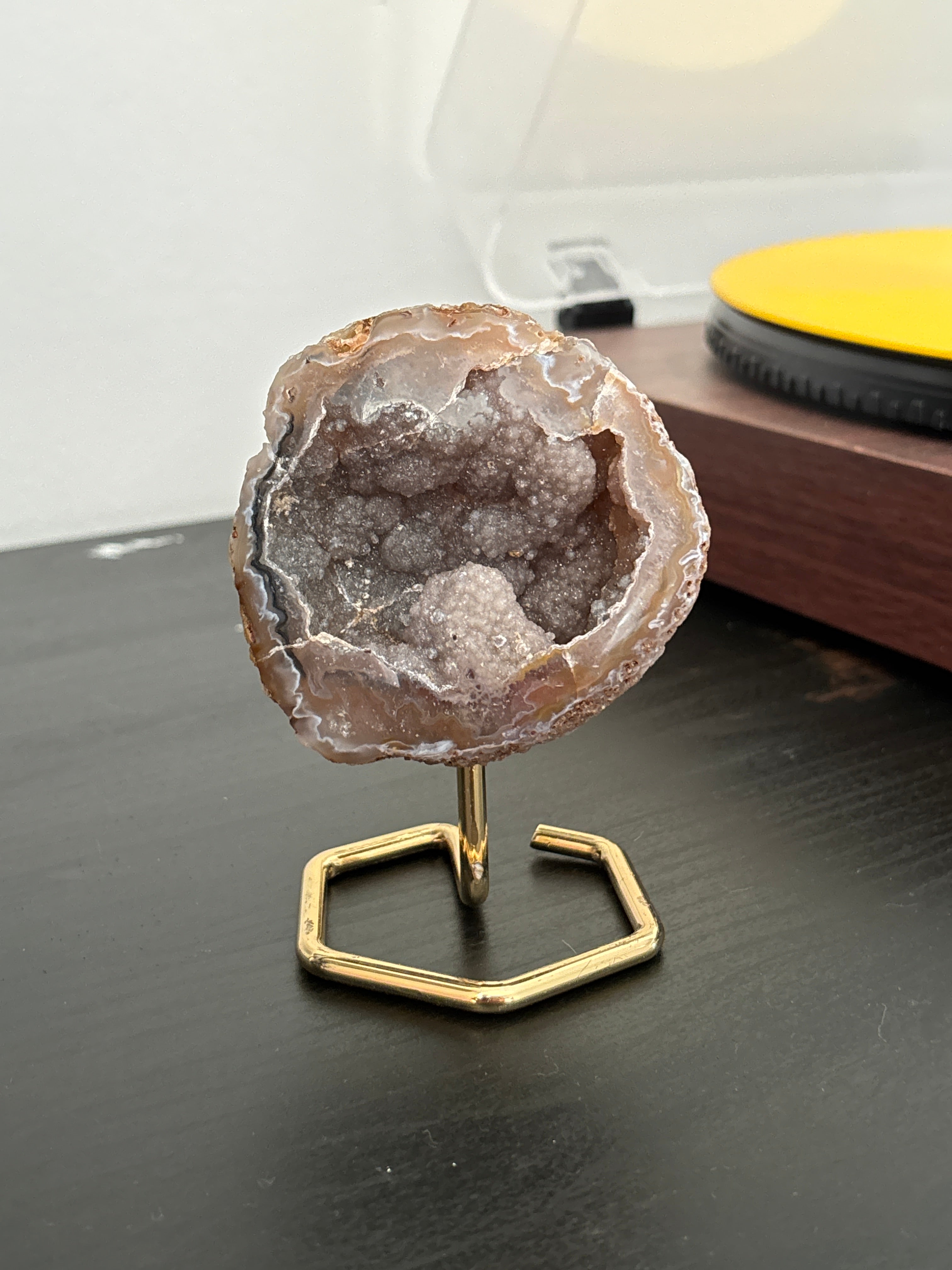 Natural Agate Geode on Gold Stand | Brazilian Crystal Display | Sparkling Collector Mineral | Luxury Home Decor