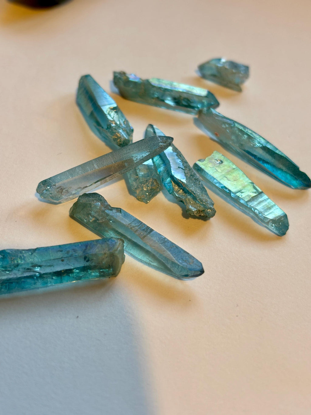 Aqua Aura Quartz Points | Iridescent Blue Titanium Coated Crystals (10 Piece Lot)