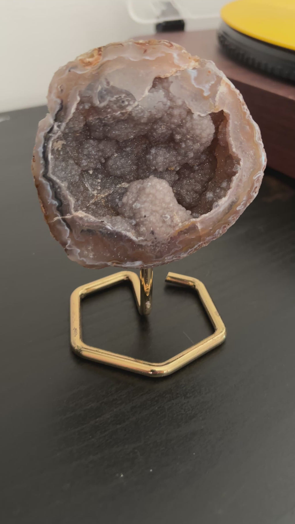 Natural Agate Geode on Gold Stand | Brazilian Crystal Display | Sparkling Collector Mineral | Luxury Home Decor