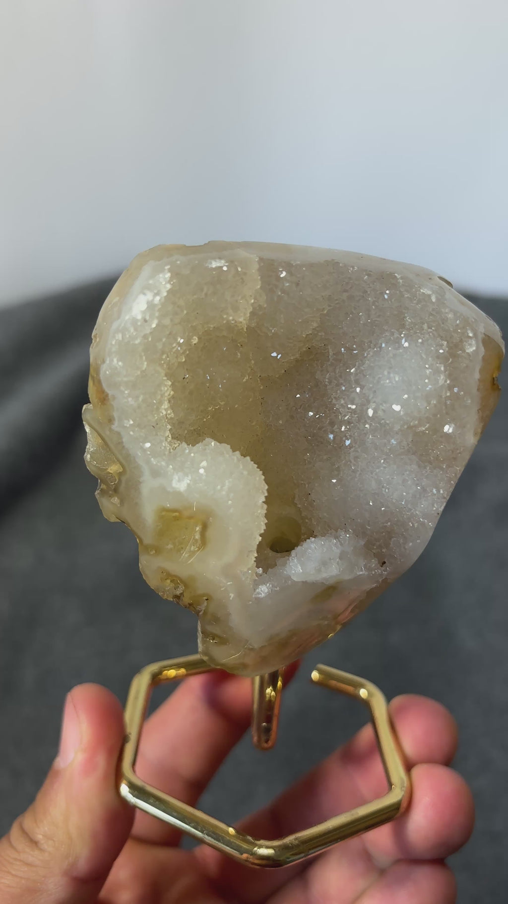 Natural Agate Geode on Gold Stand | Brazilian Crystal Display | Sparkling Collector Mineral | Luxury Home Decor