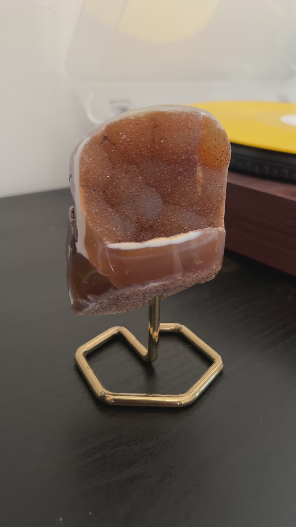 Natural Agate Geode on Gold Stand | Brazilian Crystal Display | Sparkling Collector Mineral | Luxury Home Decor