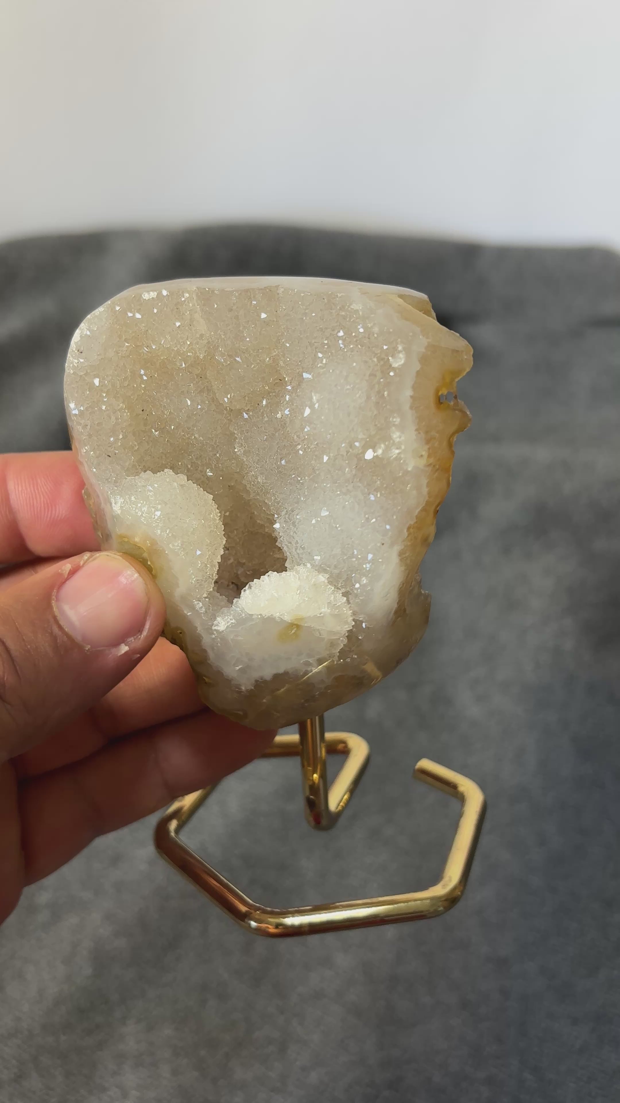 Natural Agate Geode on Gold Stand | Brazilian Crystal Display | Sparkling Collector Mineral | Luxury Home Decor
